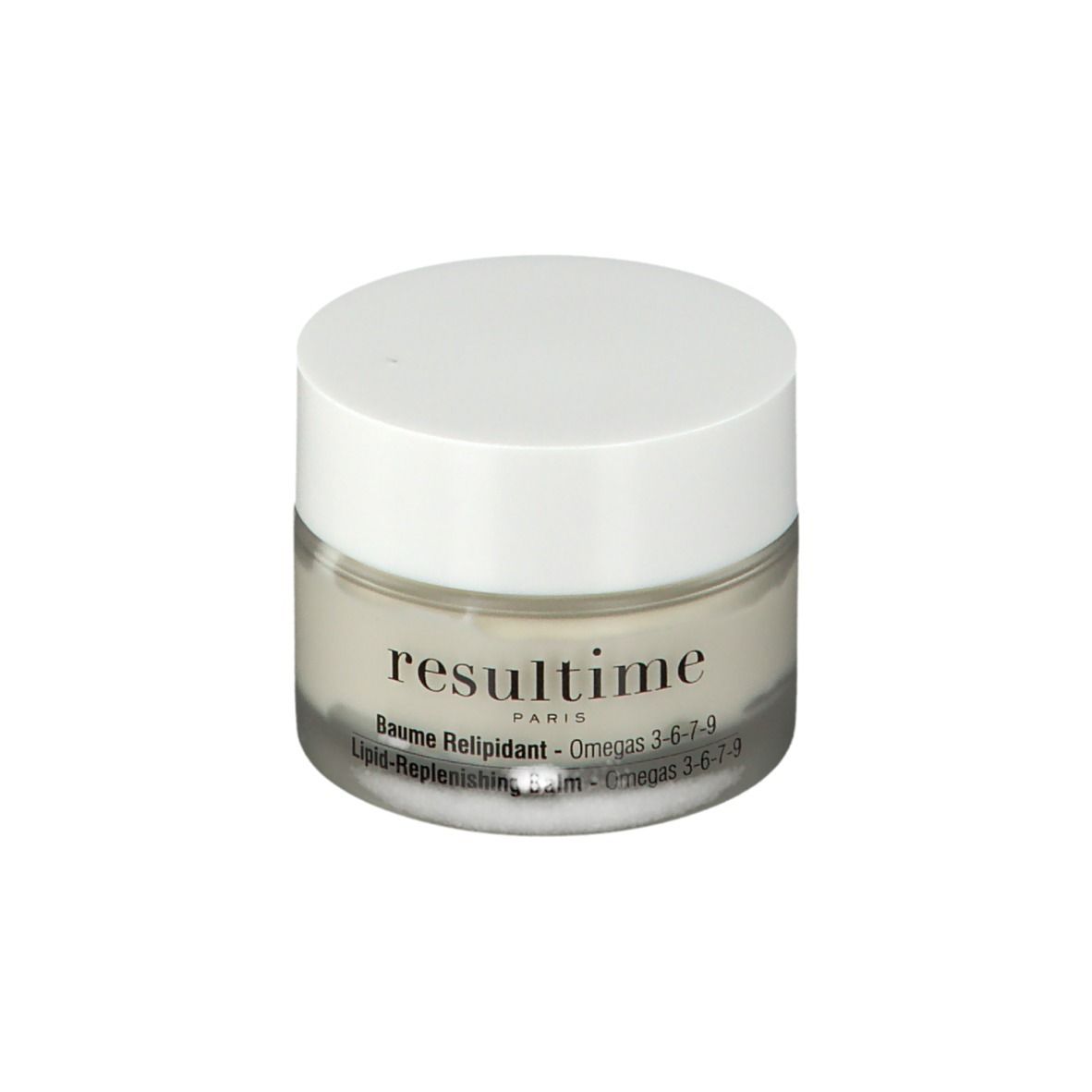 Pot rond avec couvercle blanc. Le mot "resultime" et "Baume Relipidant" sont visibles.