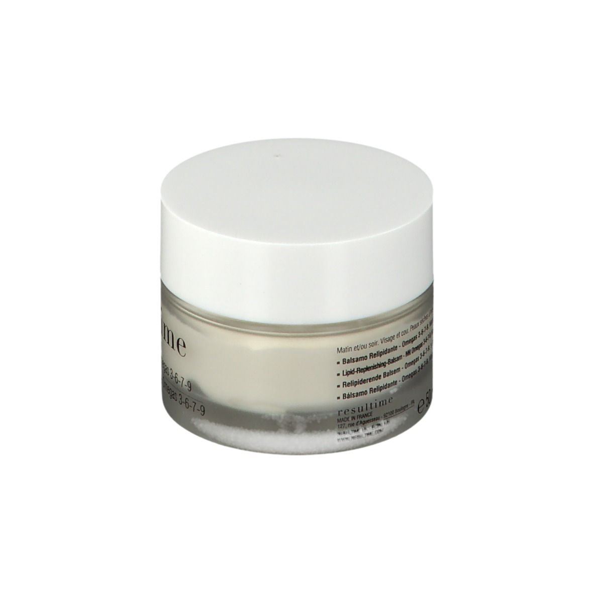 Pot rond avec couvercle blanc. Le mot "resultime" et "Baume Relipidant" sont visibles.