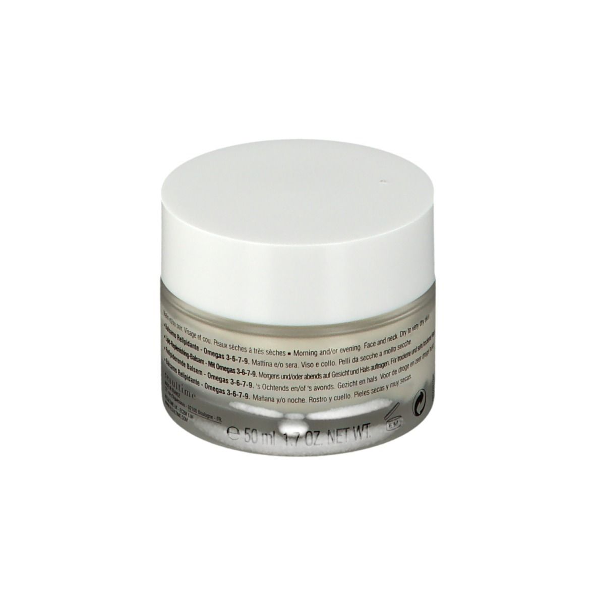 Pot rond avec couvercle blanc. Le mot "resultime" et "Baume Relipidant" sont visibles.
