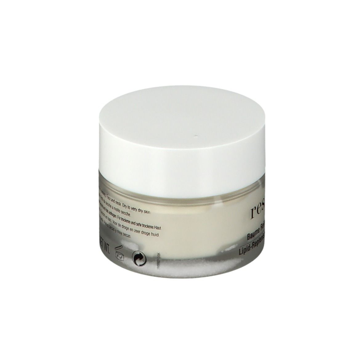 Pot rond avec couvercle blanc. Le mot "resultime" et "Baume Relipidant" sont visibles.
