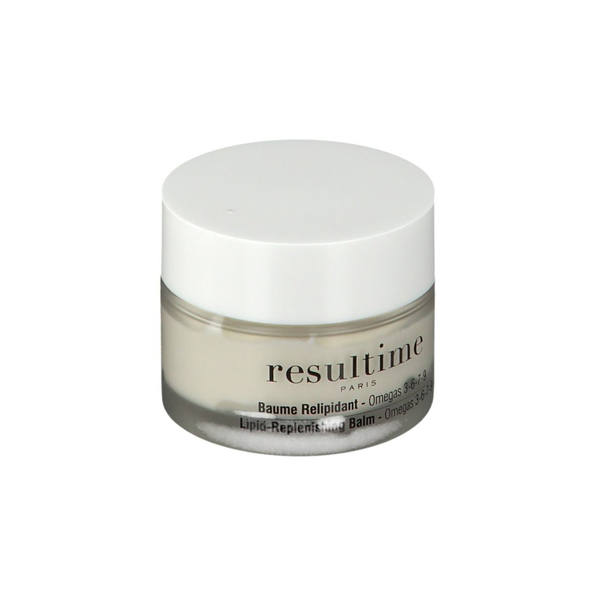 Pot rond avec couvercle blanc. Le mot "resultime" et "Baume Relipidant" sont visibles.