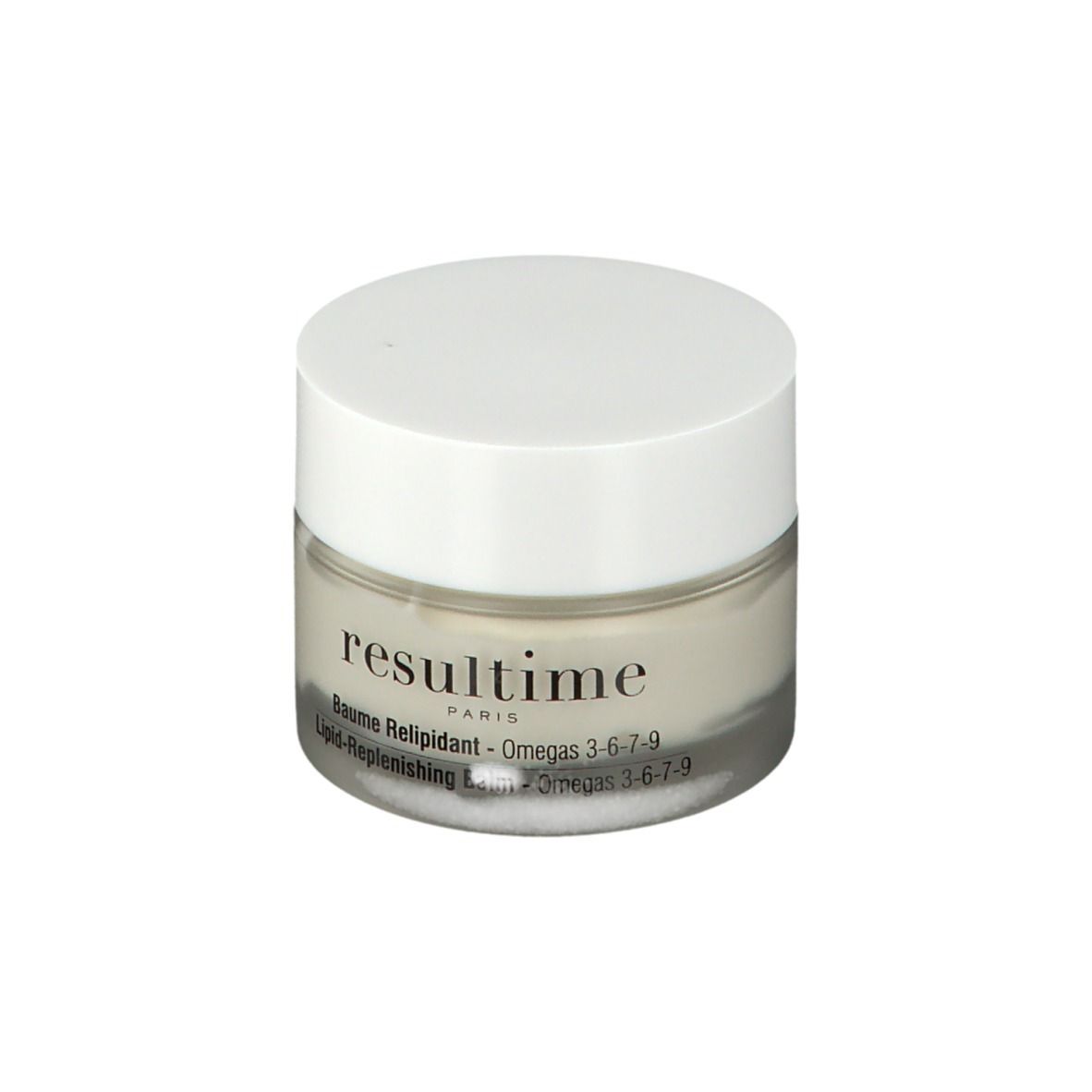 Pot rond avec couvercle blanc. Le mot "resultime" et "Baume Relipidant" sont visibles.