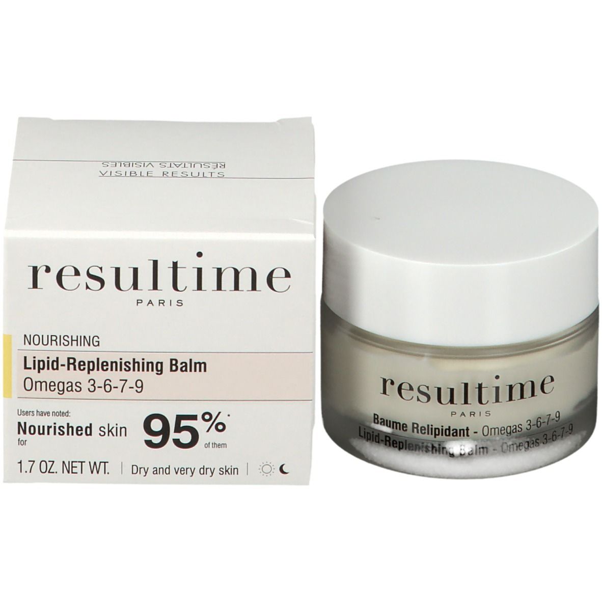 Emballage et pot. Sur l'emballage, on lit "resultime" et "Lipid-Replenishing Balm".