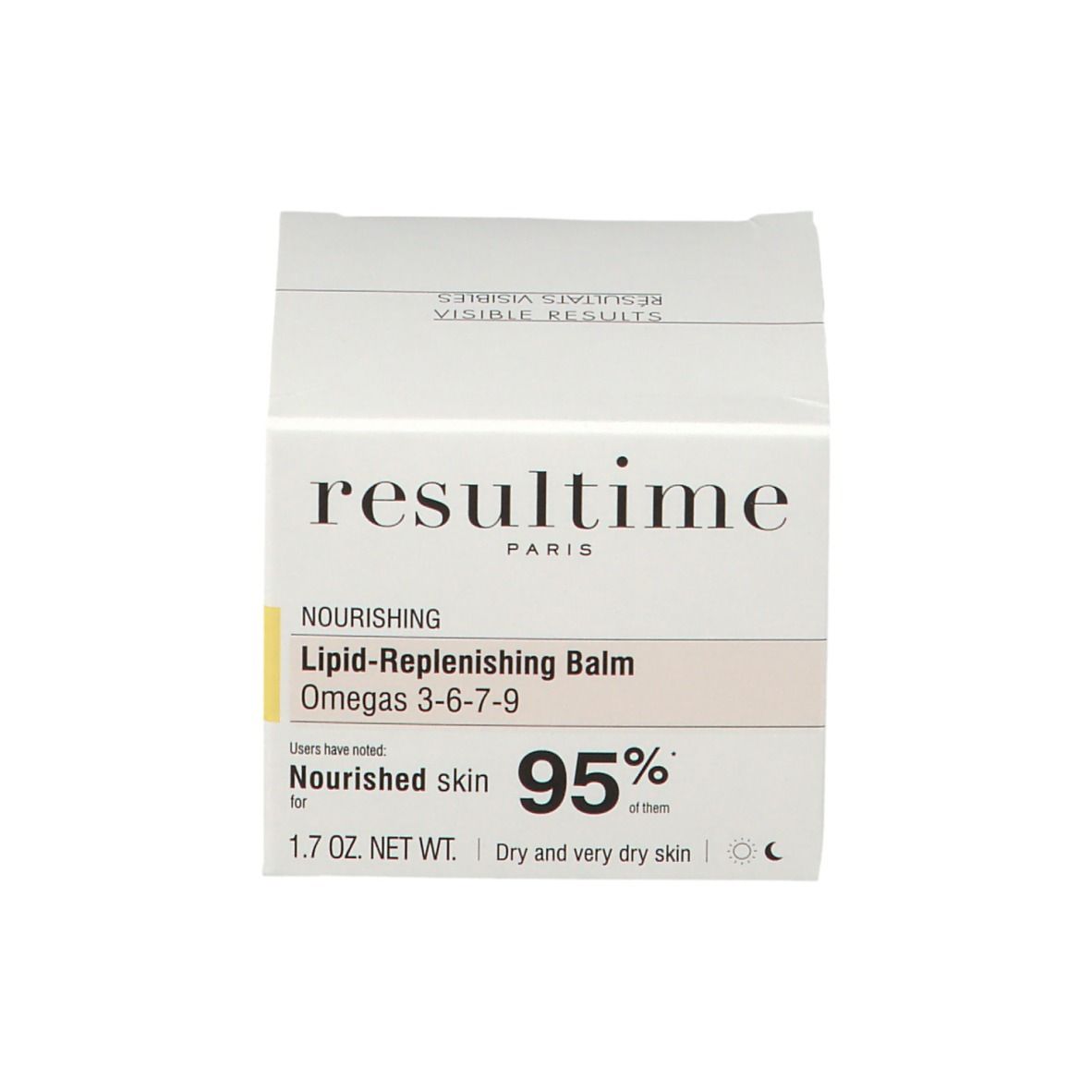 Emballage du produit. On lit "resultime" et "Lipid-Replenishing Balm".