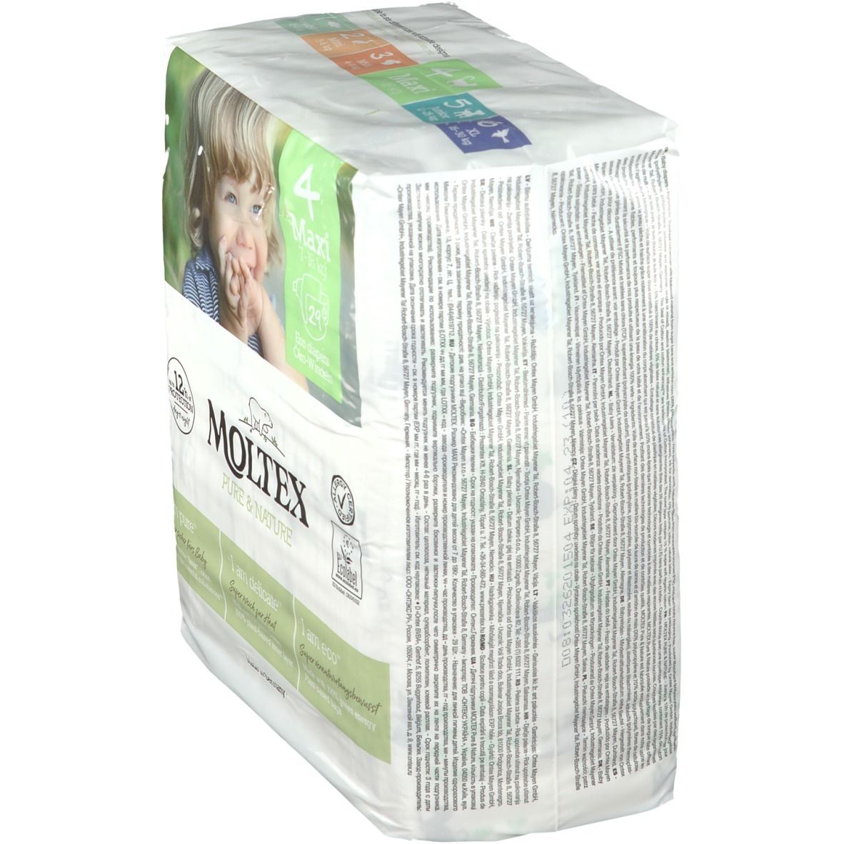 Paquet de couches MOLTEX 4 Maxi. Enfant sur l'emballage. Couches écologiques. Vue latérale.