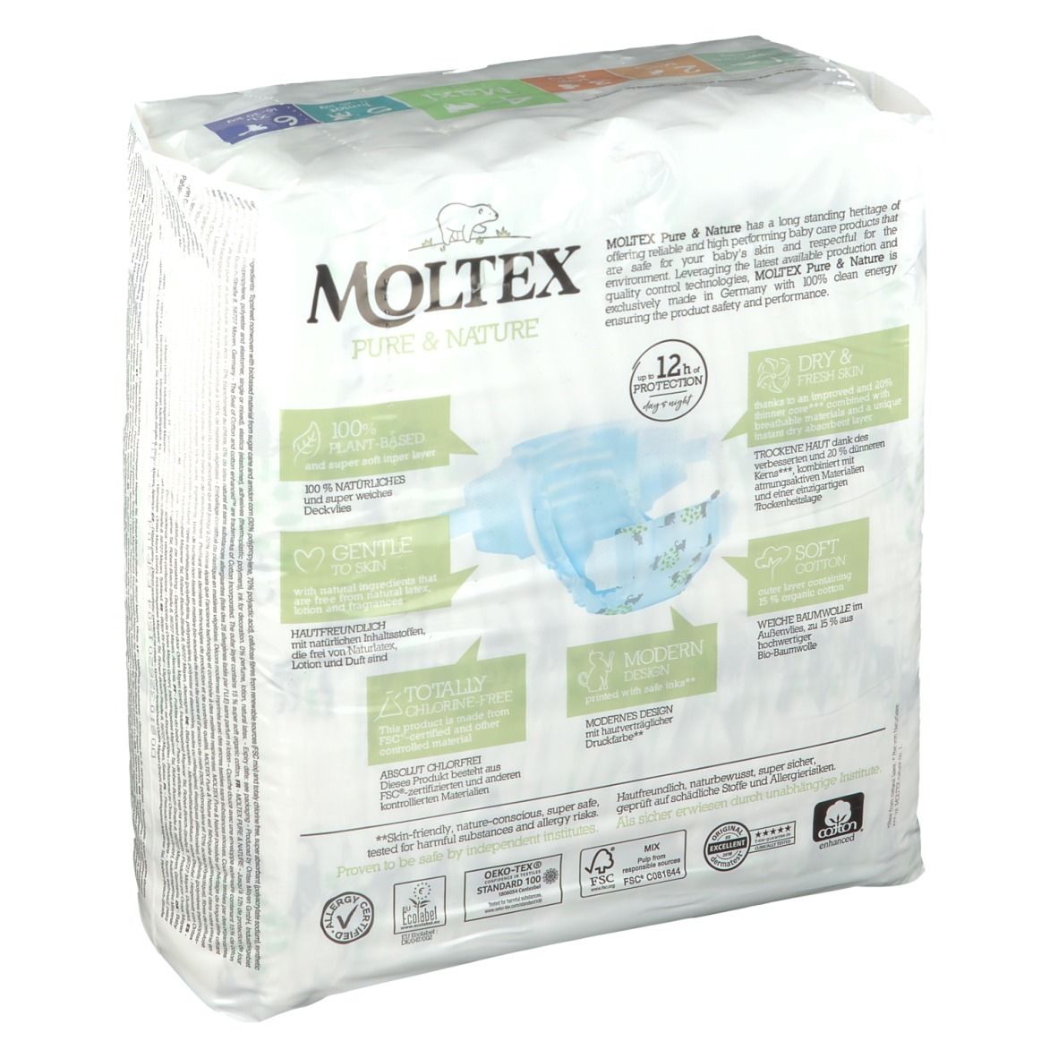 Dos du paquet de couches MOLTEX 4 Maxi. Caractéristiques et certifications du produit. Couches écologiques.