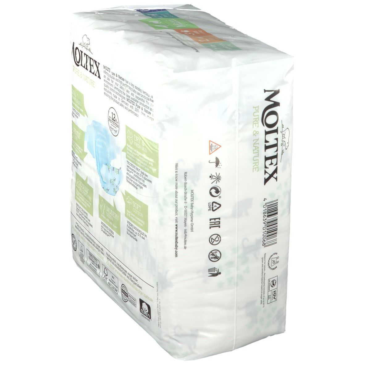 Dos du paquet de couches MOLTEX 4 Maxi. Caractéristiques et certifications. Couches écologiques. Vue latérale.