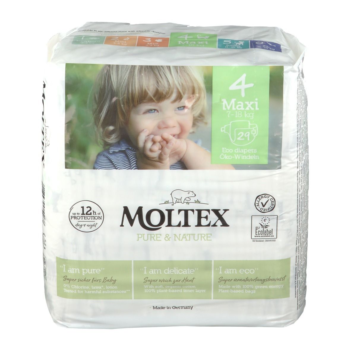 Paquet de couches MOLTEX 4 Maxi. Enfant sur l'emballage. Protection 12h. Couches écologiques.