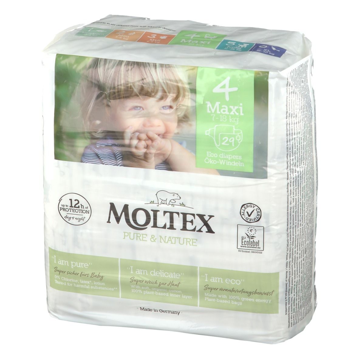 Paquet de couches MOLTEX 4 Maxi. Enfant sur l'emballage. Protection 12h. Couches écologiques.