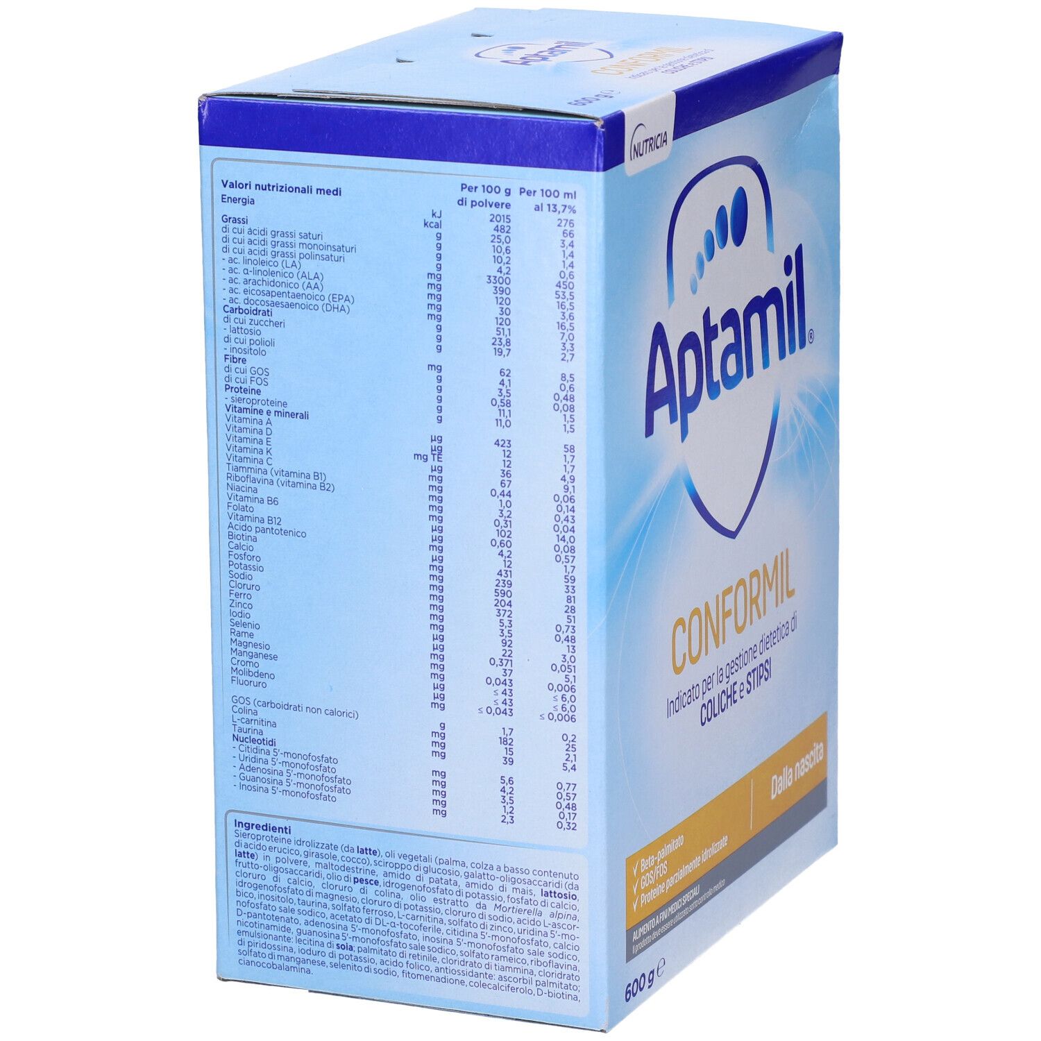 Scatola Aptamil Conformil. Vista dettagliata della tabella nutrizionale. Contiene informazioni per 100g e 100ml.