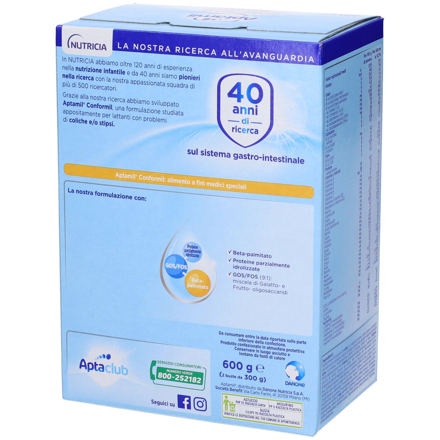 Scatola Aptamil Conformil. Retro con informazioni su ricerca e ingredienti. 600g.