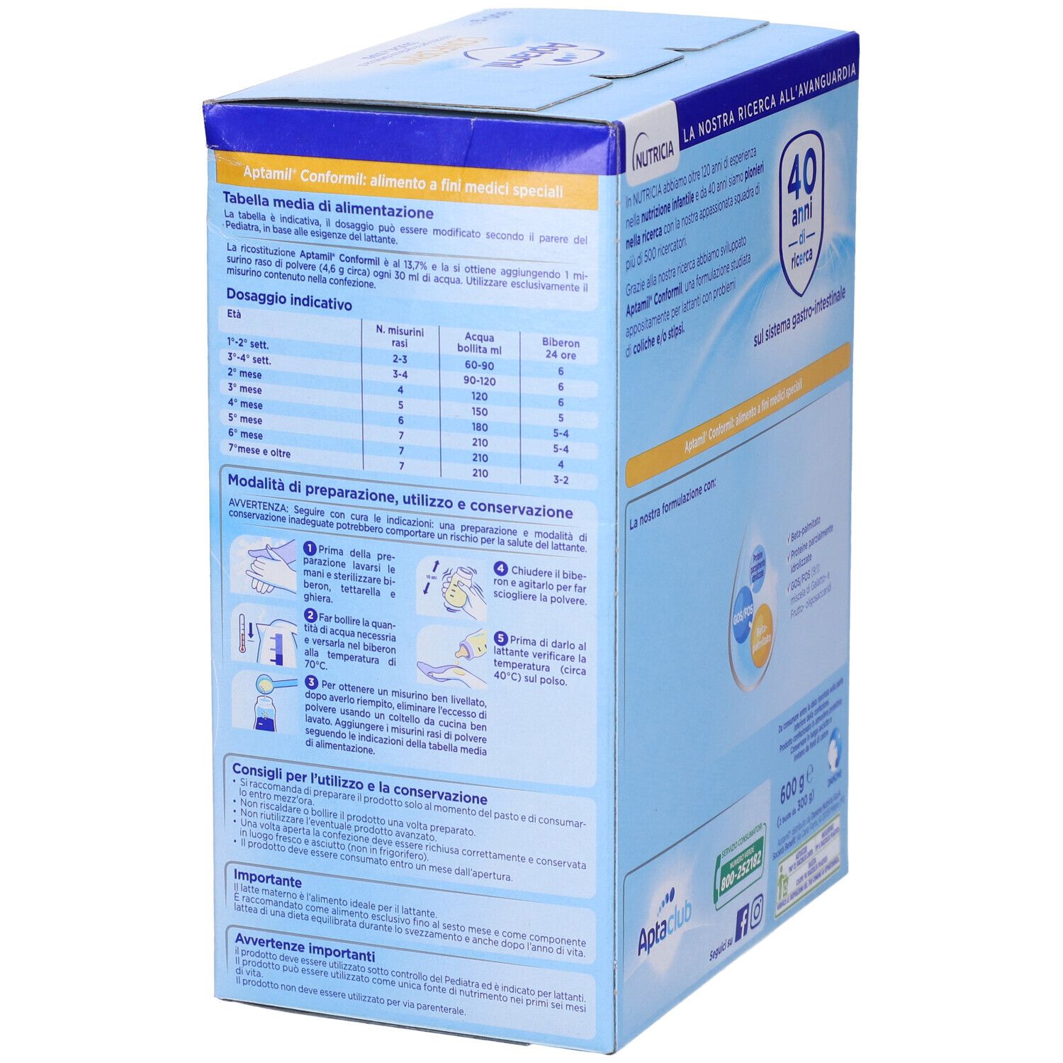 Scatola Aptamil Conformil. Retro con tabella di alimentazione e istruzioni per la preparazione. 600g.