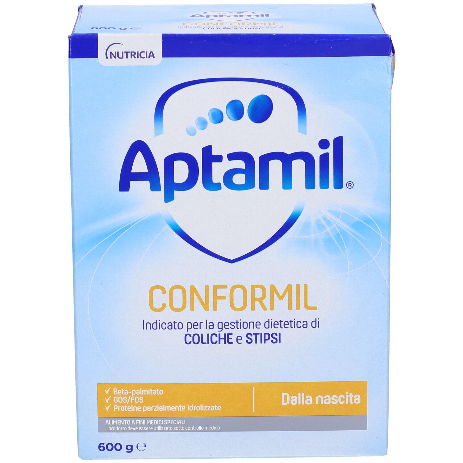 Scatola Aptamil Conformil. Confezione blu e bianca con nome del prodotto e informazioni. 600g.