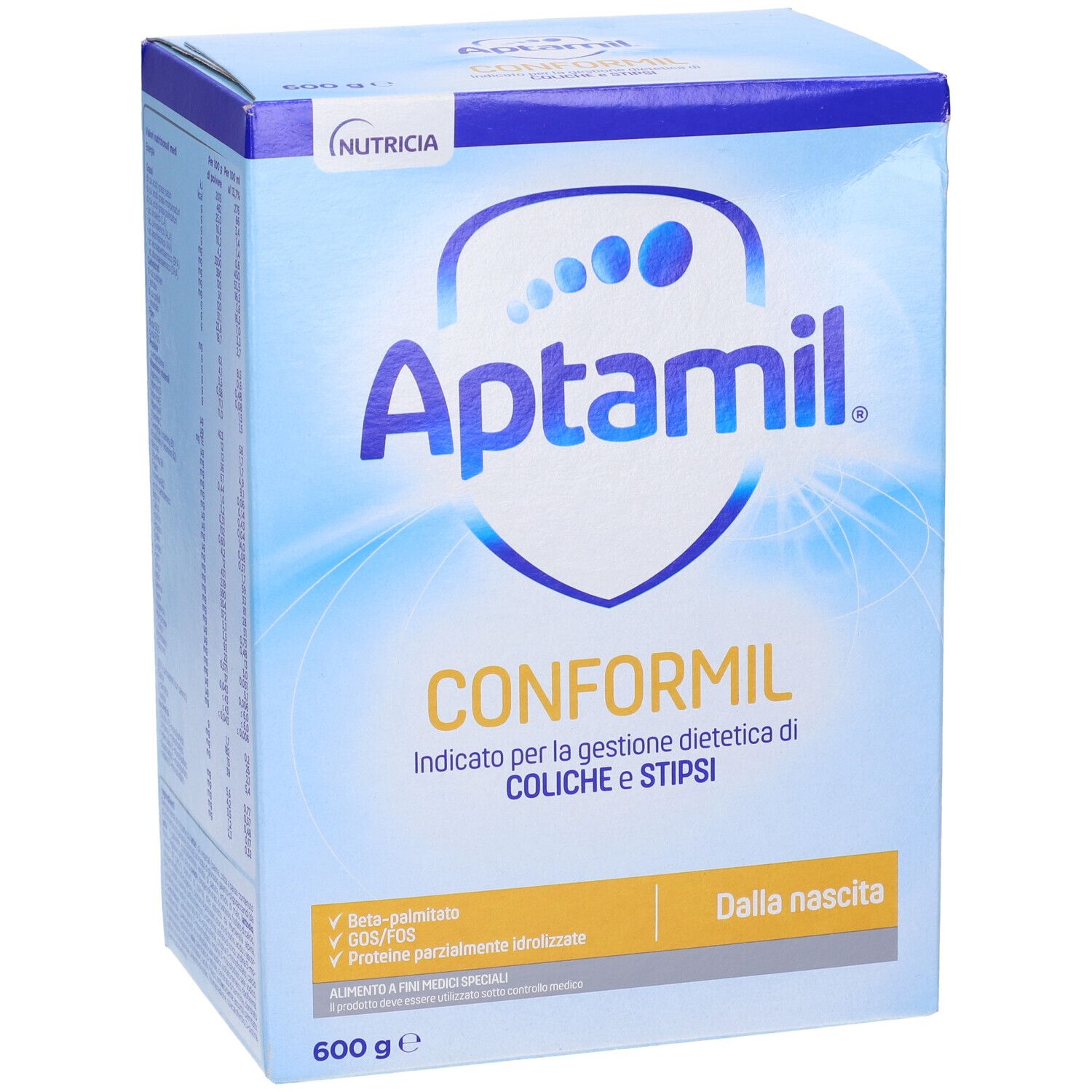 Scatola Aptamil Conformil. Confezione blu e bianca con nome del prodotto e informazioni. 600g.