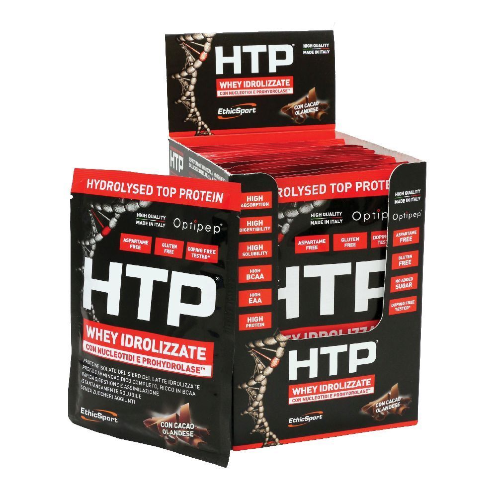 Buste nere con testo rosso. "HTP" e "WHEY IDROLIZZATE" ben visibili. Scatola con bustine sullo sfondo.