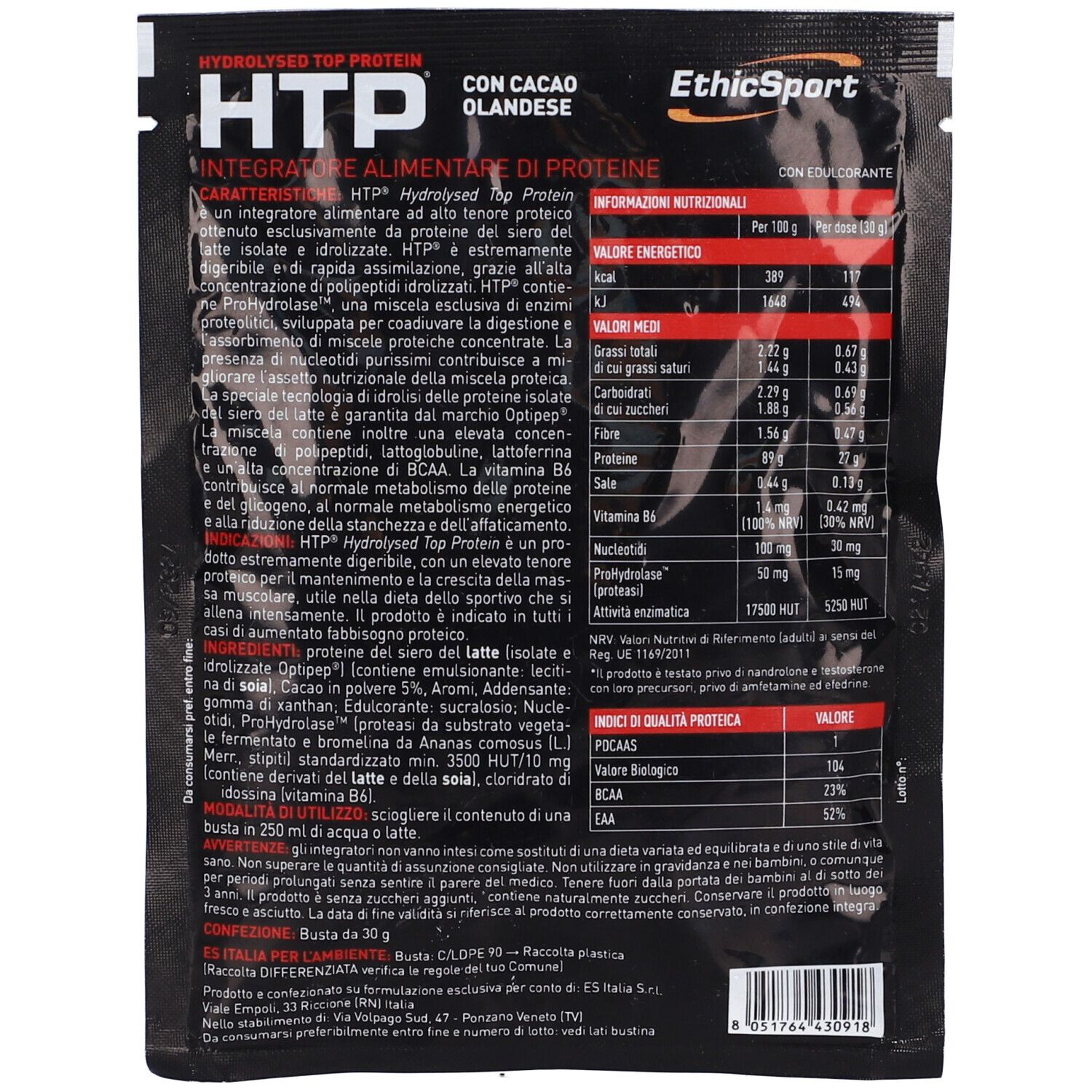 Retro di una busta nera. Testo in italiano. Contiene informazioni nutrizionali e lista ingredienti. "HTP" e "CON CACAO OLANDESE".