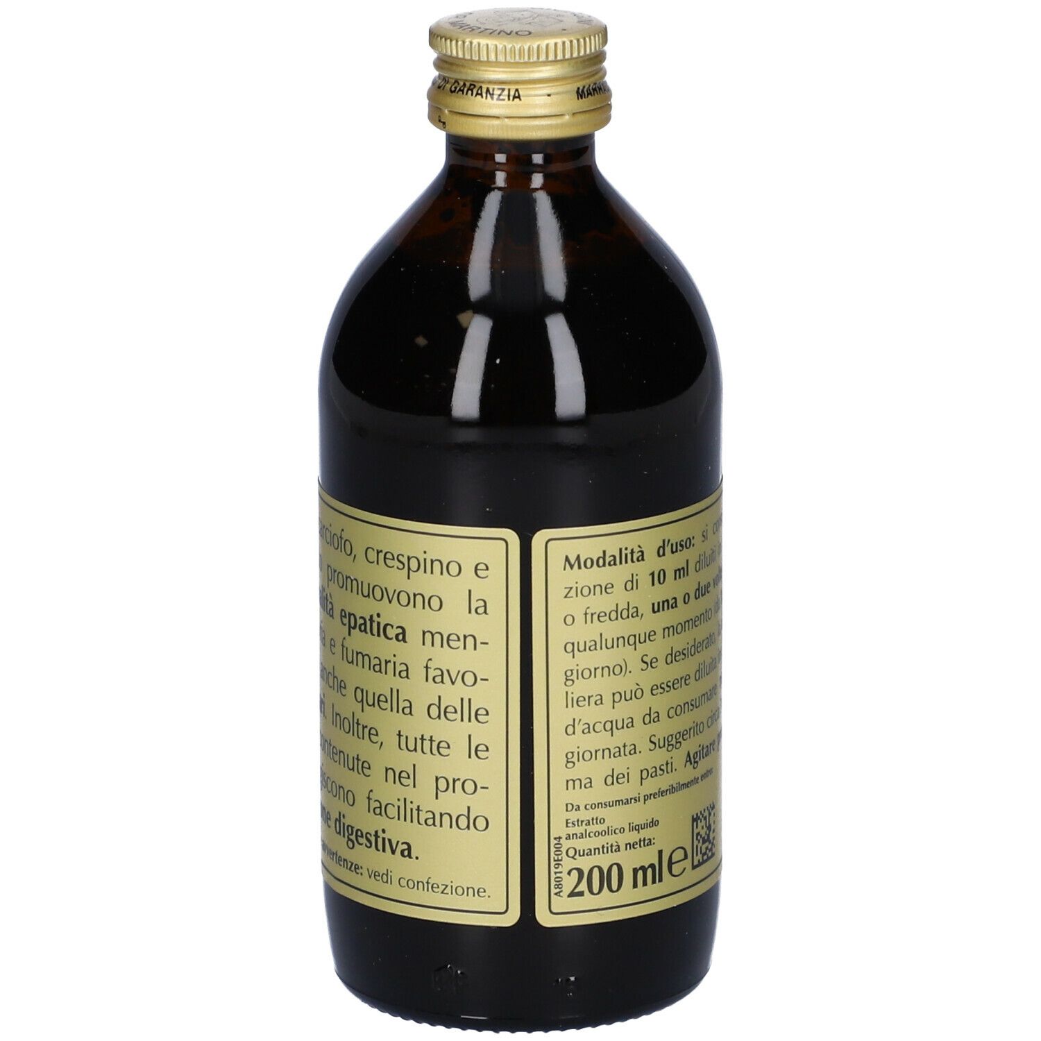Bottiglia di vetro marrone con tappo dorato. Etichetta con informazioni sul prodotto e indicazione 200 ml.
