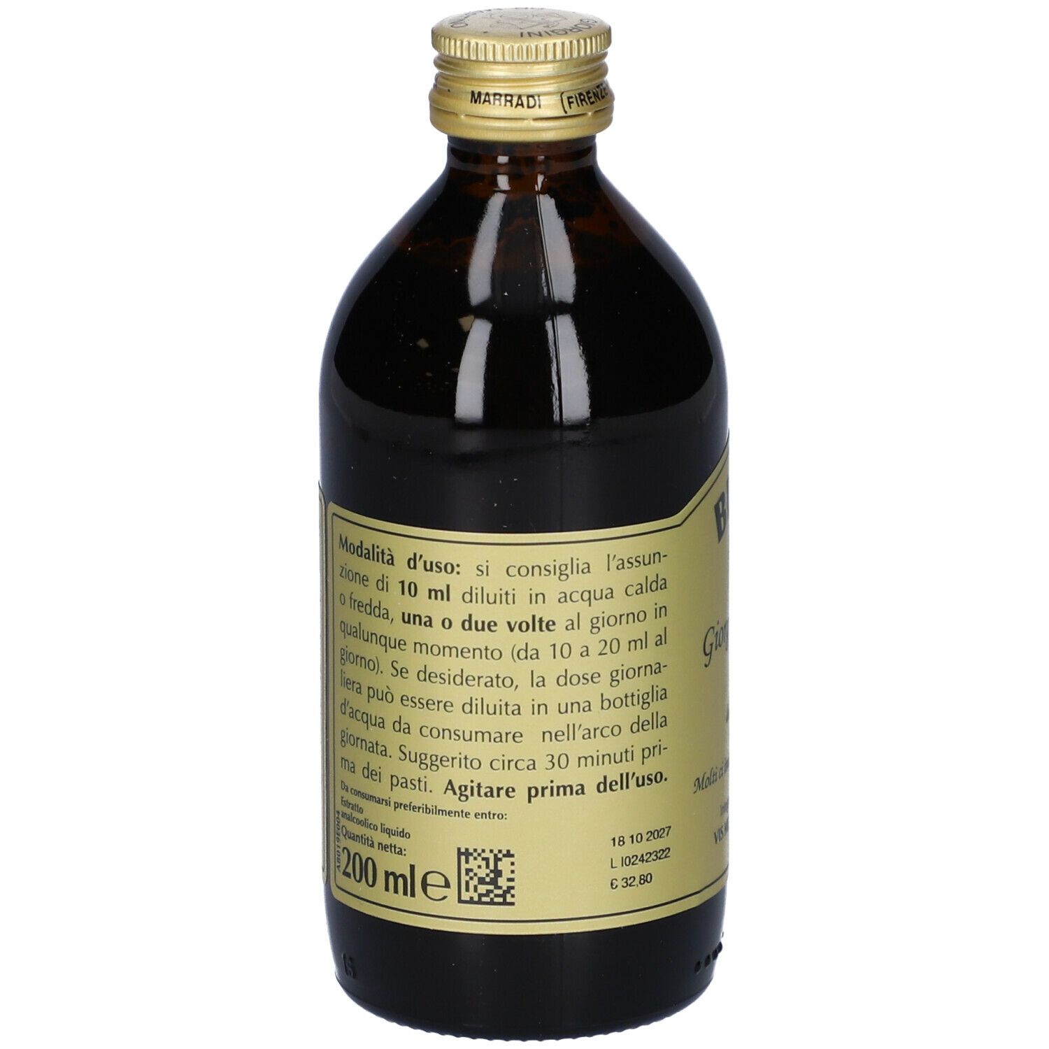 Bottiglia di vetro marrone con tappo dorato. Etichetta con informazioni sul prodotto e indicazione 200 ml.