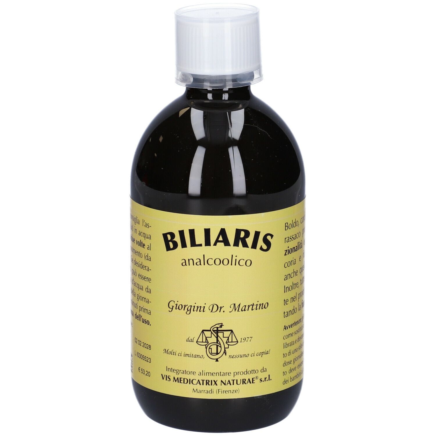 Liquido marrone in bottiglia con tappo bianco. Scritta: Biliaris analcoolico, Giorgini Dr. Martino.