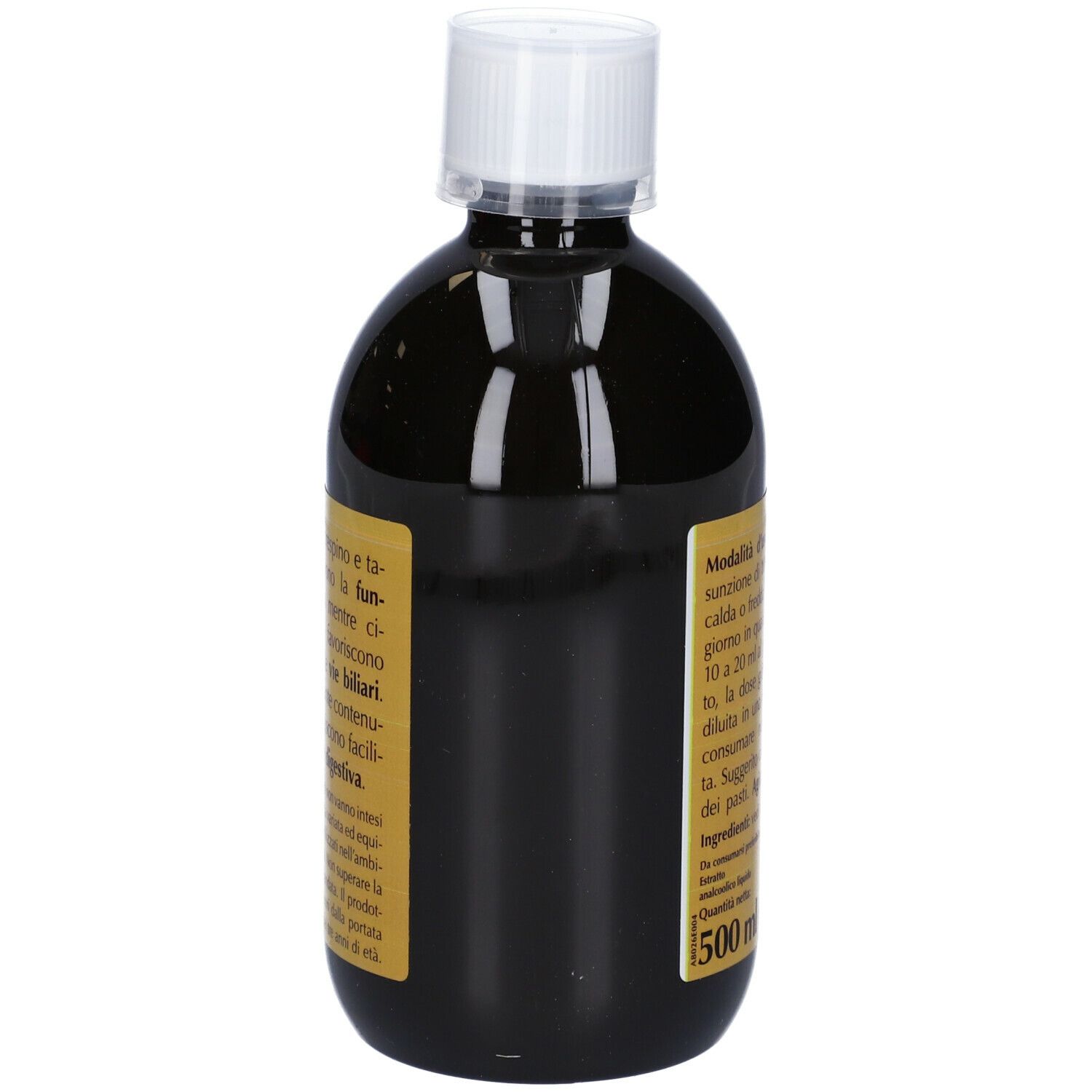 Liquido marrone in bottiglia. Scritta: Biliaris analcoolico, Giorgini Dr. Martino. Testo in italiano.