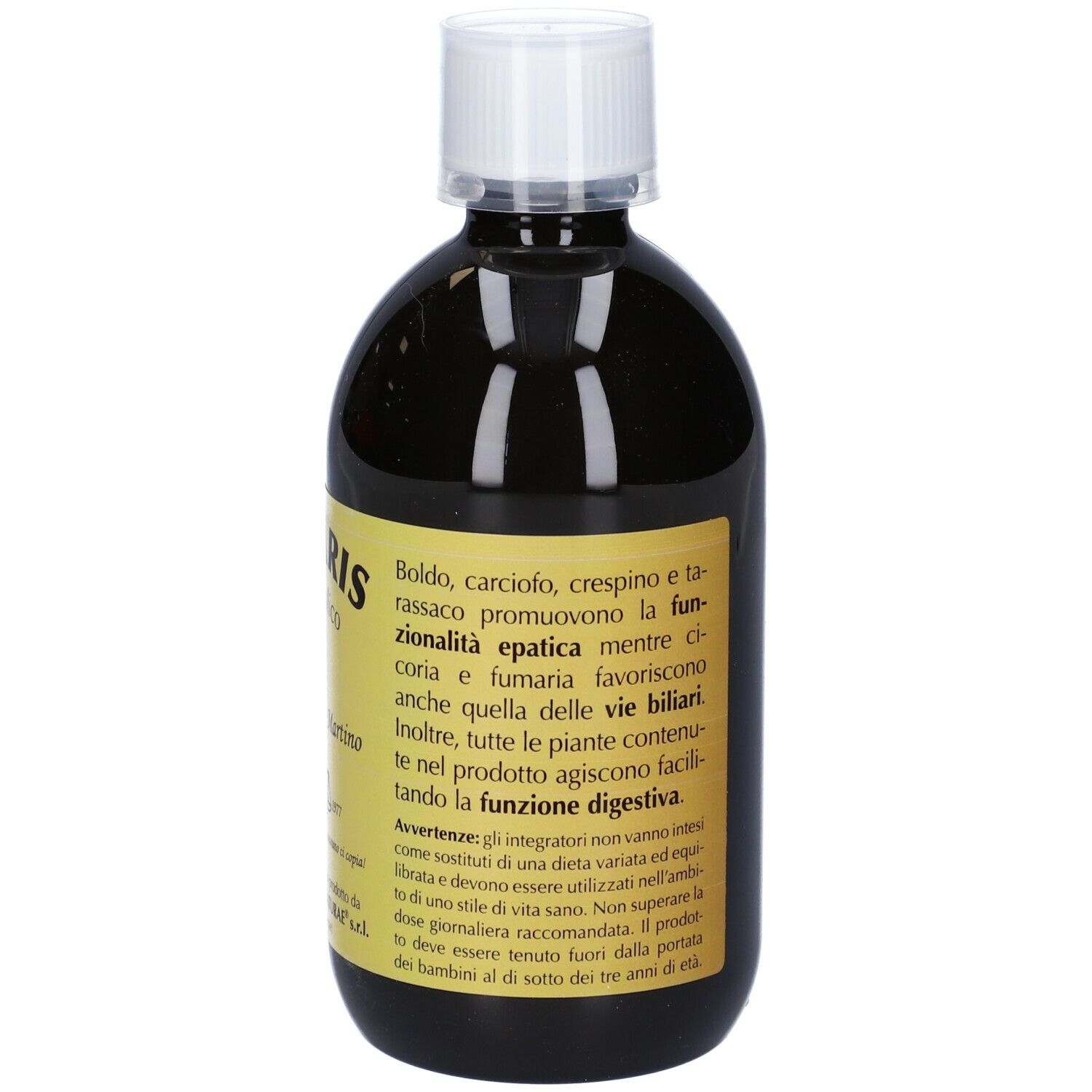 Liquido marrone in bottiglia. Scritta: Biliaris analcoolico, Giorgini Dr. Martino. Testo in italiano.