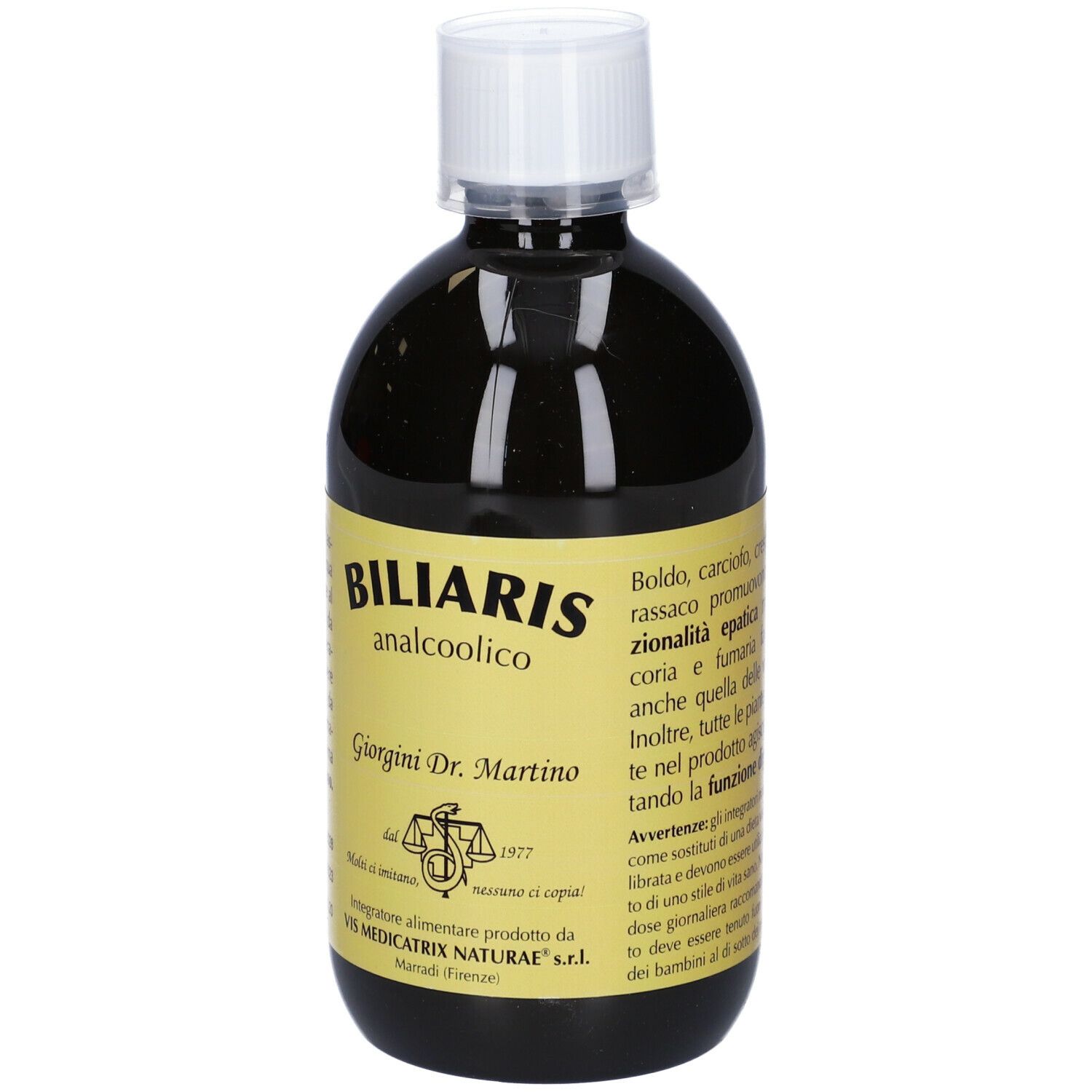 Liquido marrone in bottiglia. Scritta: Biliaris analcoolico, Giorgini Dr. Martino. Testo in italiano.