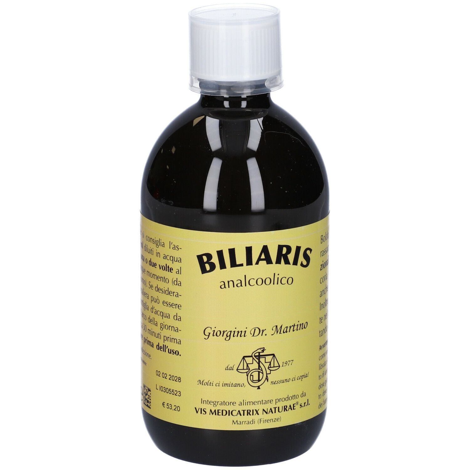 Liquido marrone in bottiglia. Scritta: Biliaris analcoolico, Giorgini Dr. Martino. Testo in italiano.