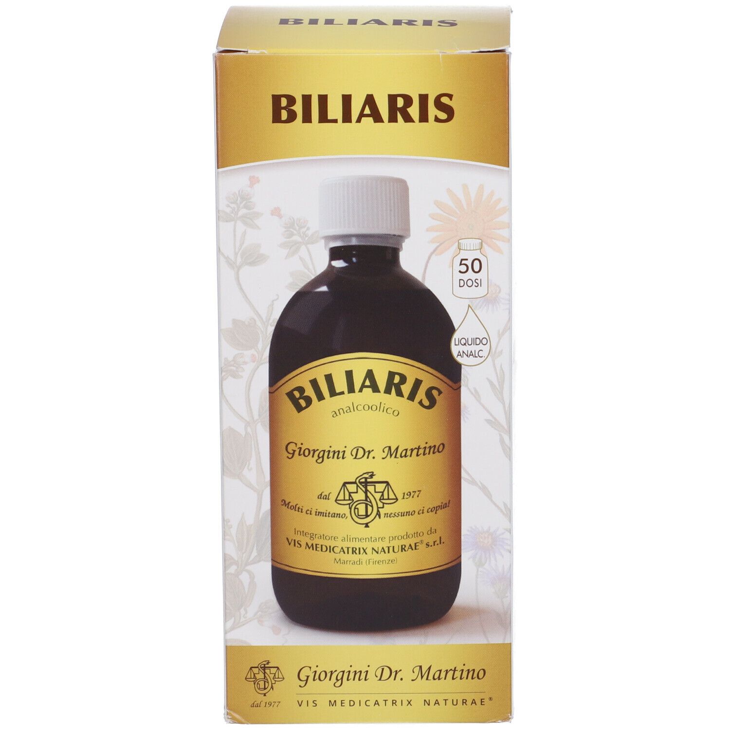 Confezione e bottiglia con liquido marrone. Scritta: Biliaris analcoolico, Giorgini Dr. Martino.
