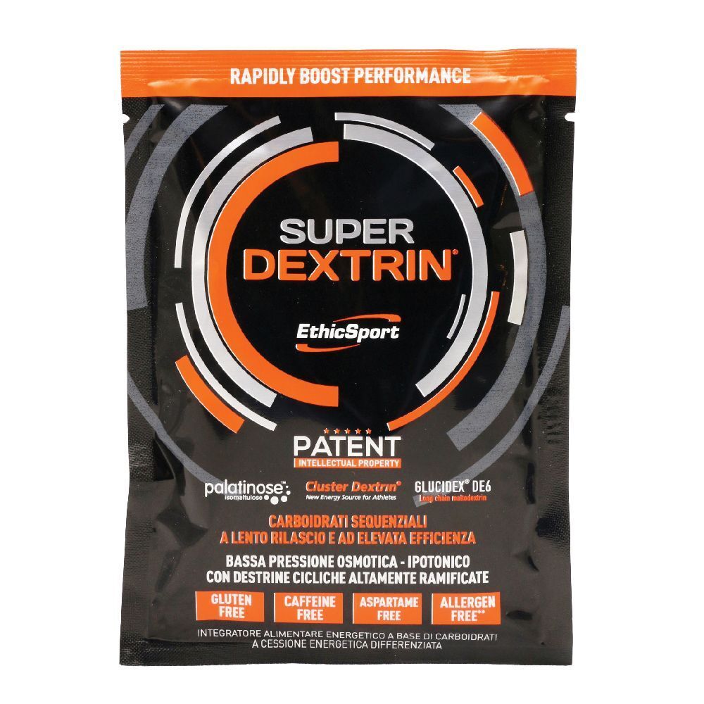 Busta di Super Dextrin. Sfondo nero con scritte arancioni e bianche. Contiene informazioni sugli ingredienti e il marchio EthicSport.
