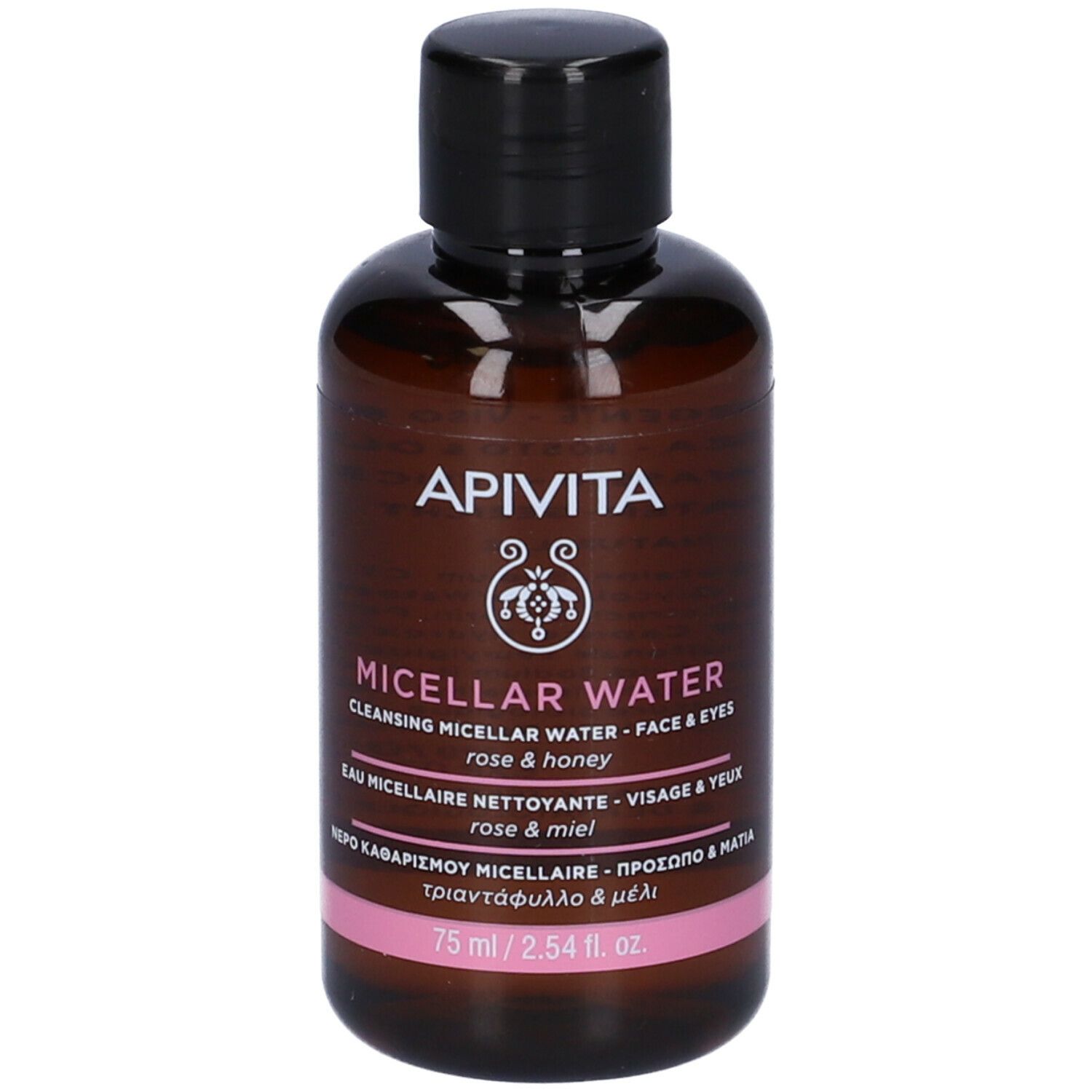 Flacone marrone con tappo nero. Scritta: Apivita Micellar Water, Rose & Honey. Etichetta rosa.