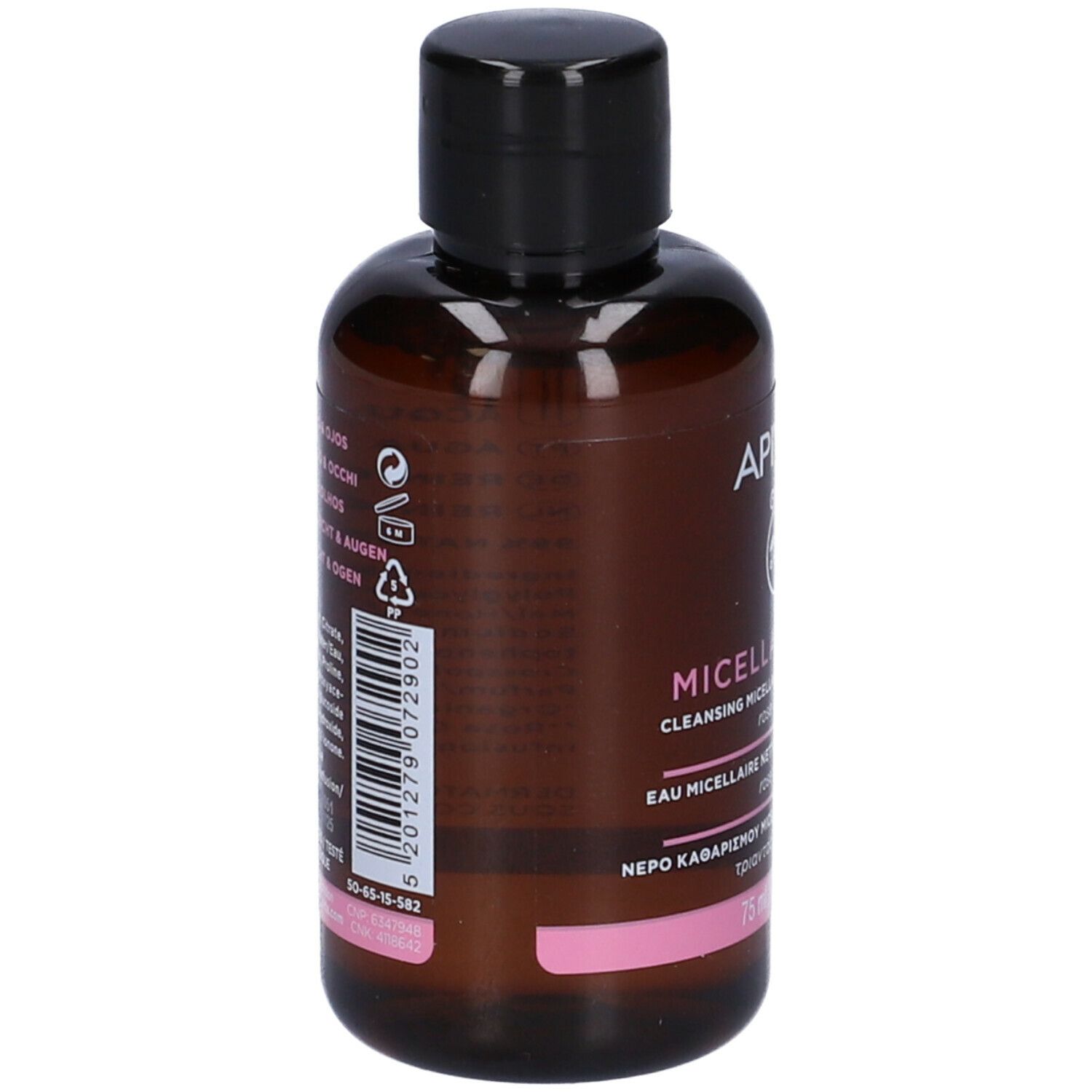 Retro del flacone marrone con tappo nero. Codice a barre e testo. Etichetta rosa.