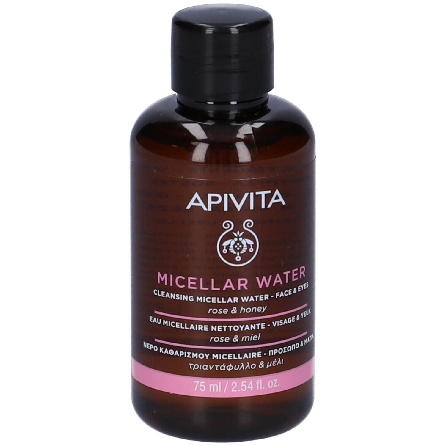 Flacone marrone con tappo nero. Scritta: Apivita Micellar Water, Rose & Honey. Etichetta rosa.