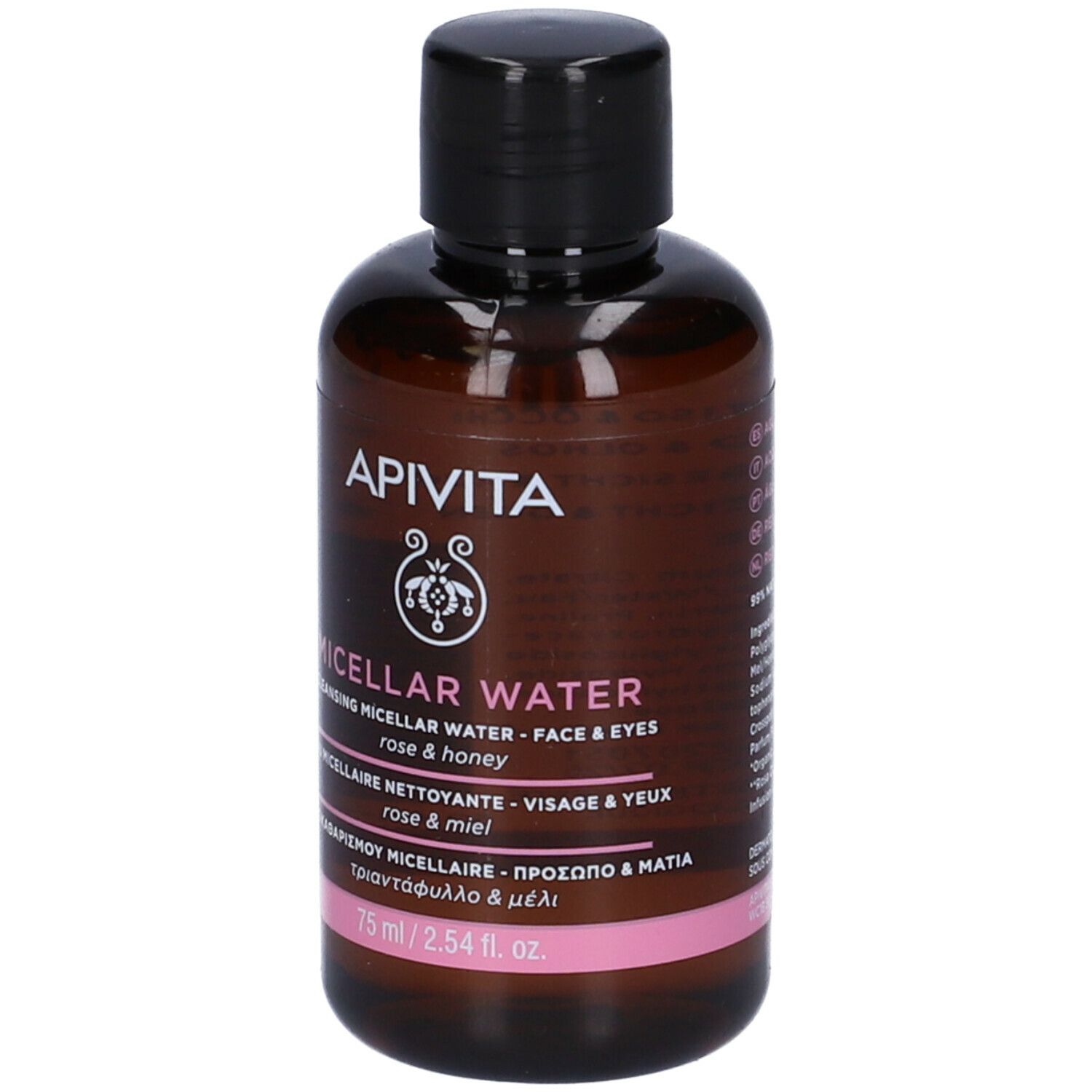 Flacone marrone con tappo nero. Scritta: Apivita Micellar Water, Rose & Honey. Etichetta rosa.