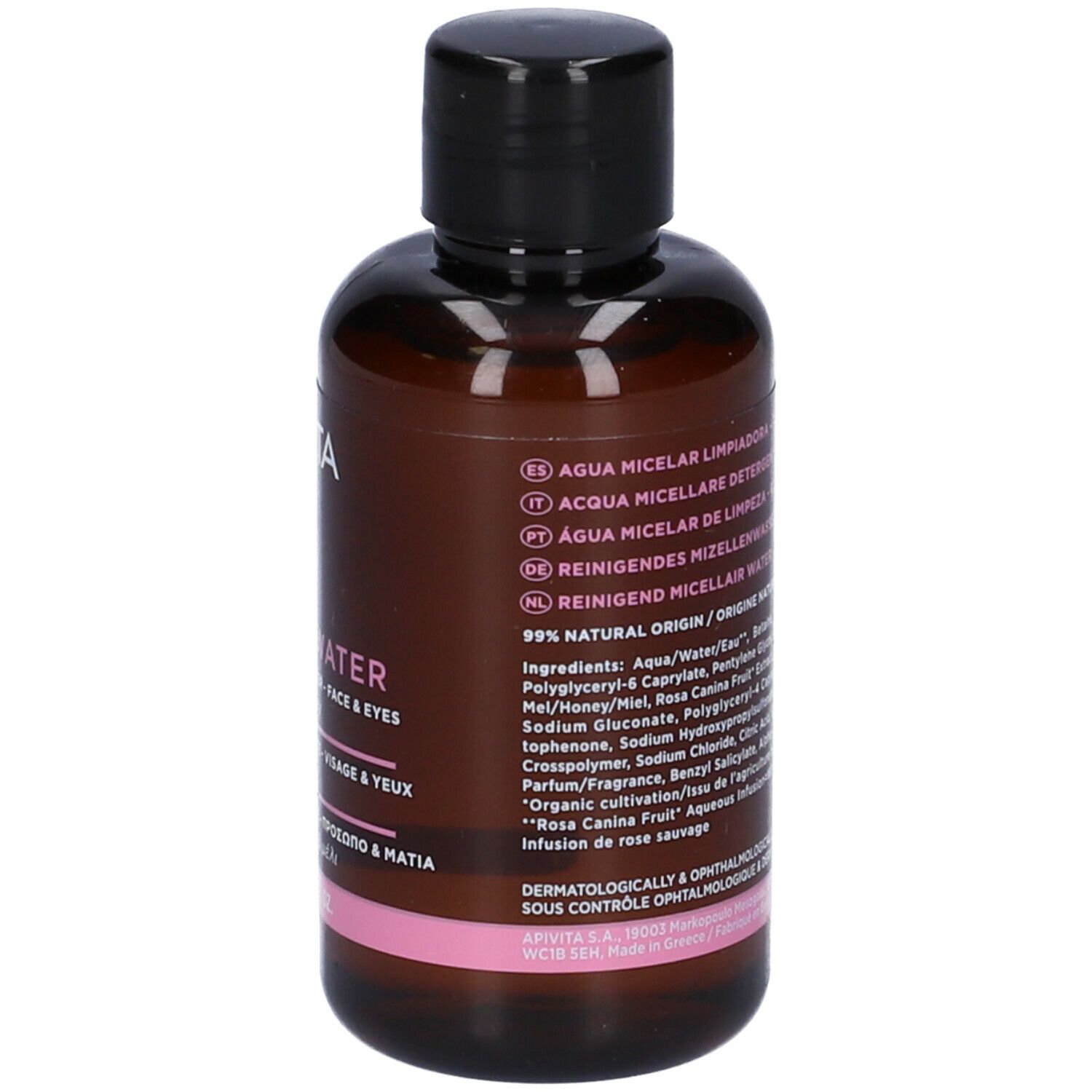Retro del flacone marrone con tappo nero. Testo con ingredienti e origine. Etichetta rosa.
