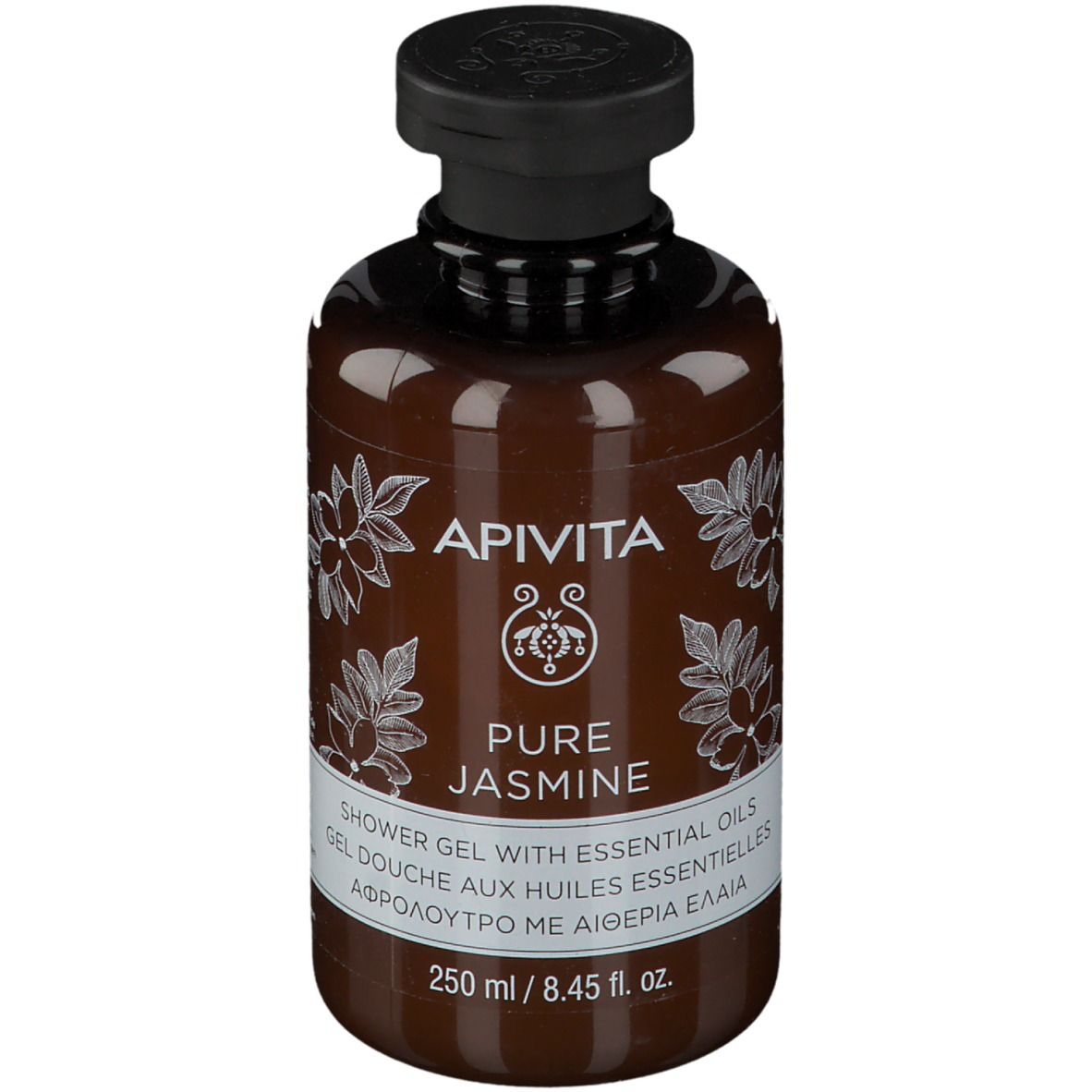 Braune Flasche mit schwarzem Deckel. Aufschrift: APIVITA Pure Jasmine Duschgel mit ätherischen Ölen. 250 ml.