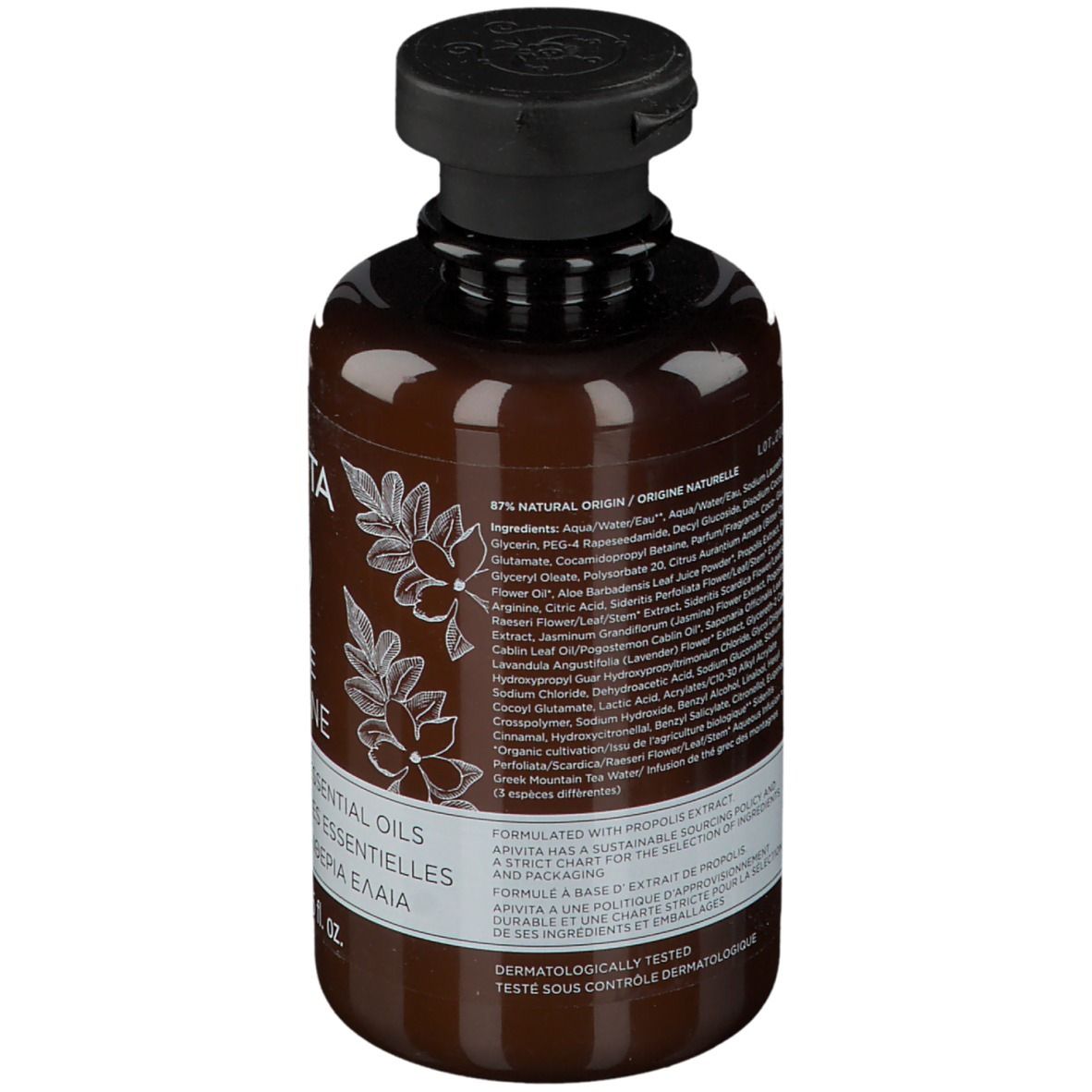 Rückseite der braunen Flasche. Aufschrift: APIVITA Pure Jasmine Duschgel mit ätherischen Ölen. Inhaltsstoffe.