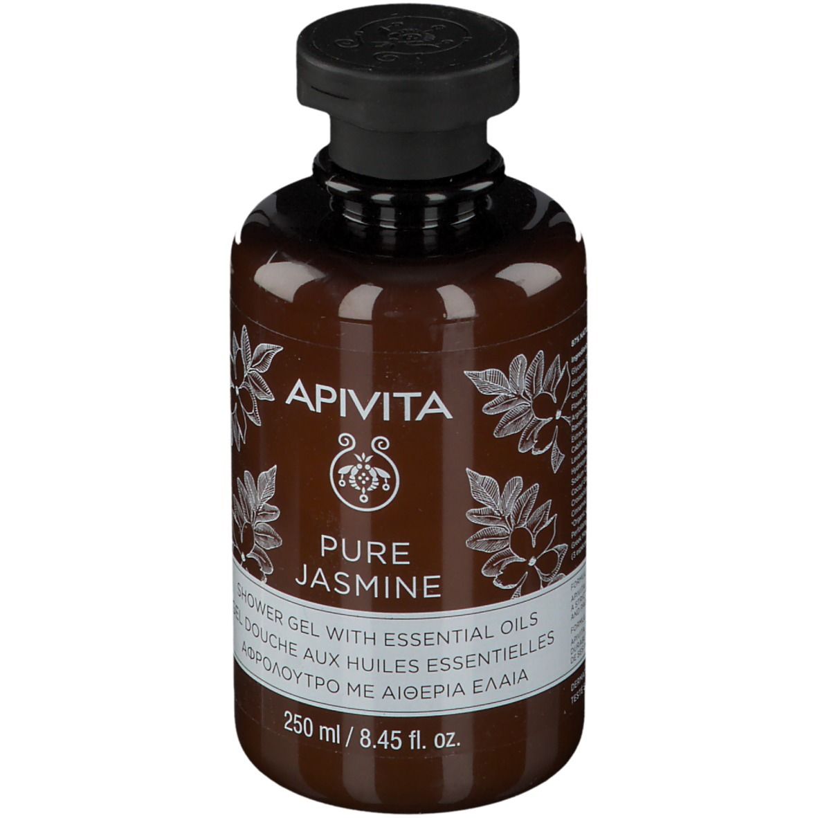 Braune Flasche mit schwarzem Deckel. Aufschrift: APIVITA Pure Jasmine Duschgel mit ätherischen Ölen. 250 ml.