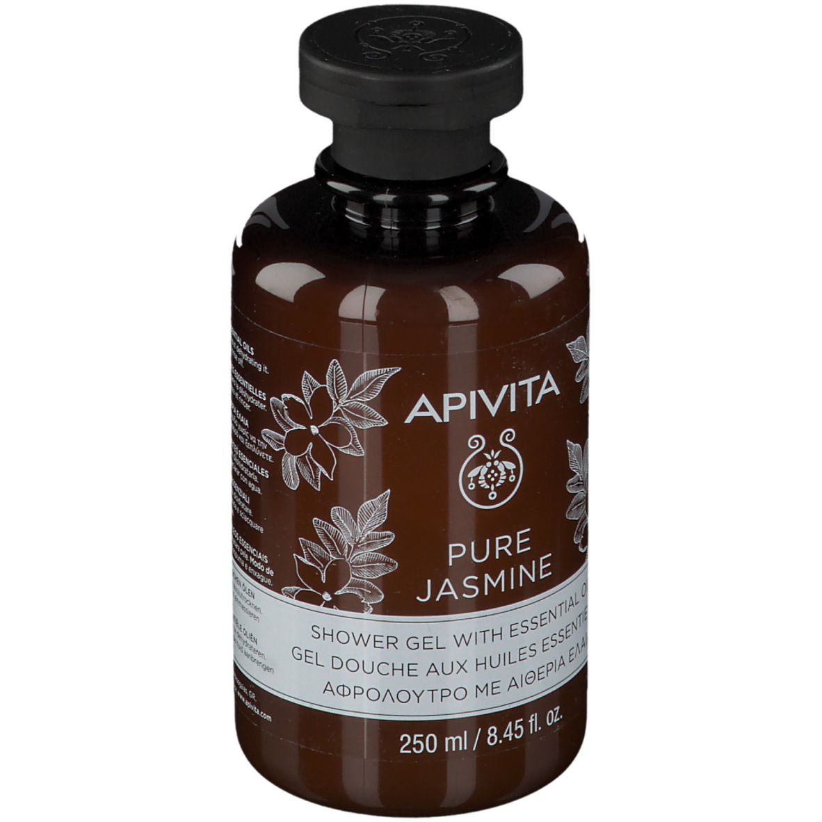 Braune Flasche mit schwarzem Deckel. Aufschrift: APIVITA Pure Jasmine Duschgel mit ätherischen Ölen. 250 ml.