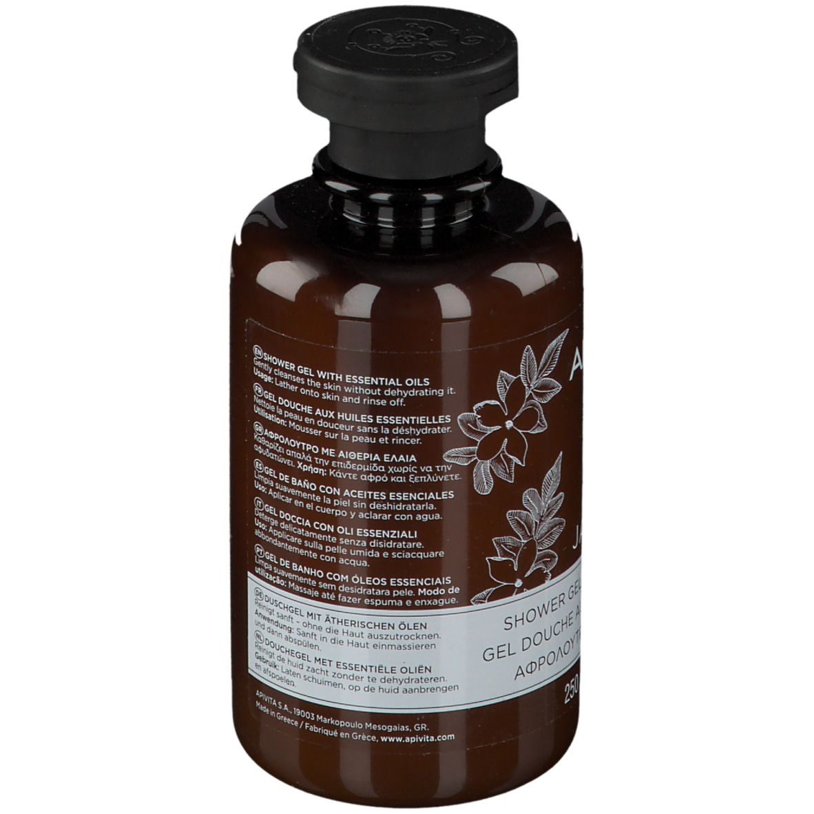 Rückseite der braunen Flasche. Aufschrift: APIVITA Pure Jasmine Duschgel mit ätherischen Ölen. Mehrsprachig.