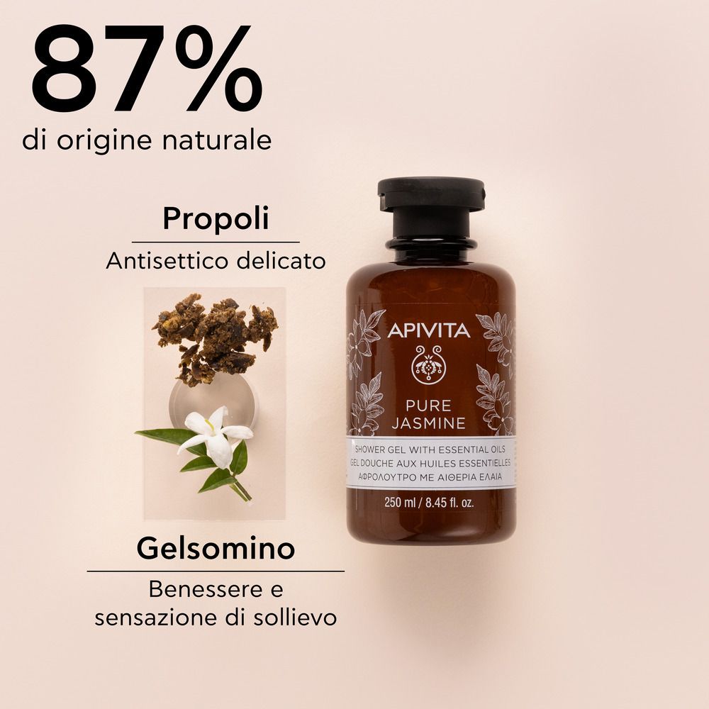 Braune Flasche mit schwarzem Deckel. Aufschrift: APIVITA Pure Jasmine Duschgel. 87% natürlichen Ursprungs. Jasminblüten.