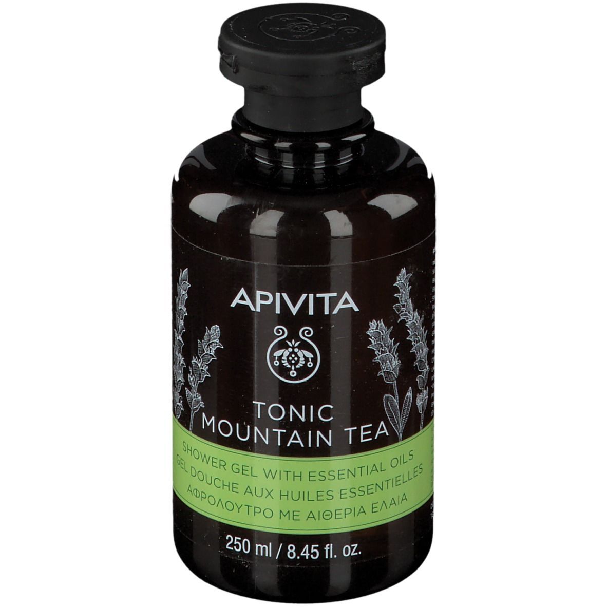 Flacone marrone con tappo nero. Scritta: APIVITA TONIC MOUNTAIN TEA Gel doccia con oli essenziali.