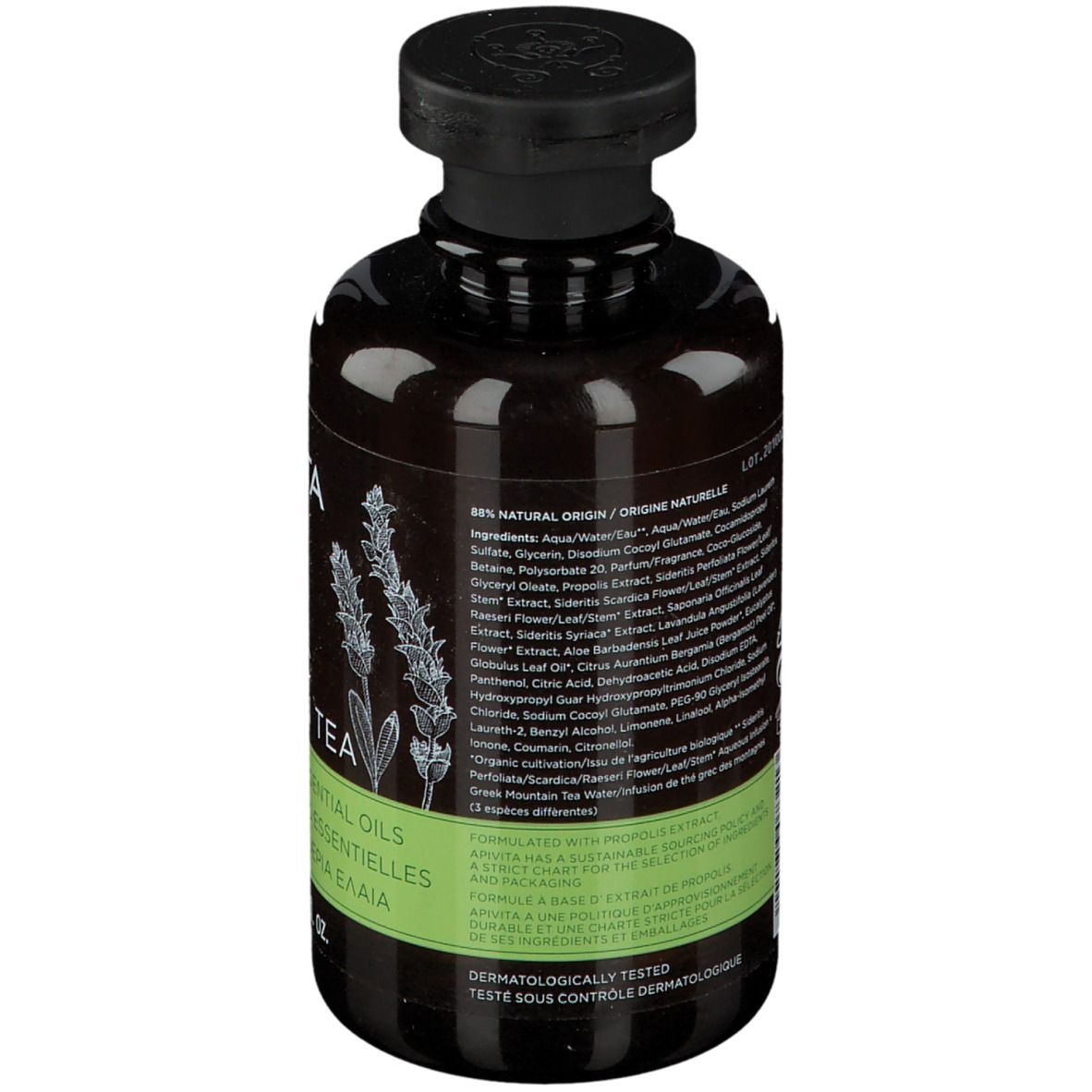 Retro del flacone di gel doccia APIVITA TONIC MOUNTAIN TEA. Testo: Ingredienti, 88% di origine naturale.