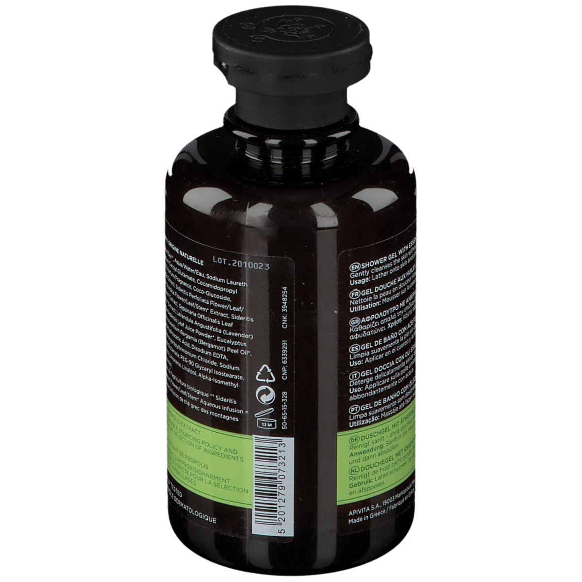 Retro del flacone di gel doccia APIVITA TONIC MOUNTAIN TEA. Testo: Utilizzo, ingredienti.