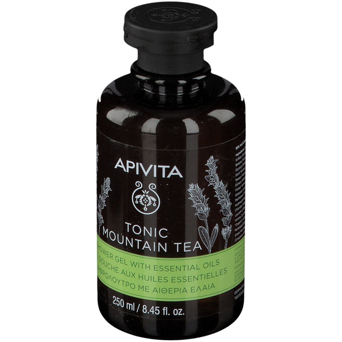 Flacone marrone con tappo nero. Scritta: APIVITA TONIC MOUNTAIN TEA Gel doccia con oli essenziali.