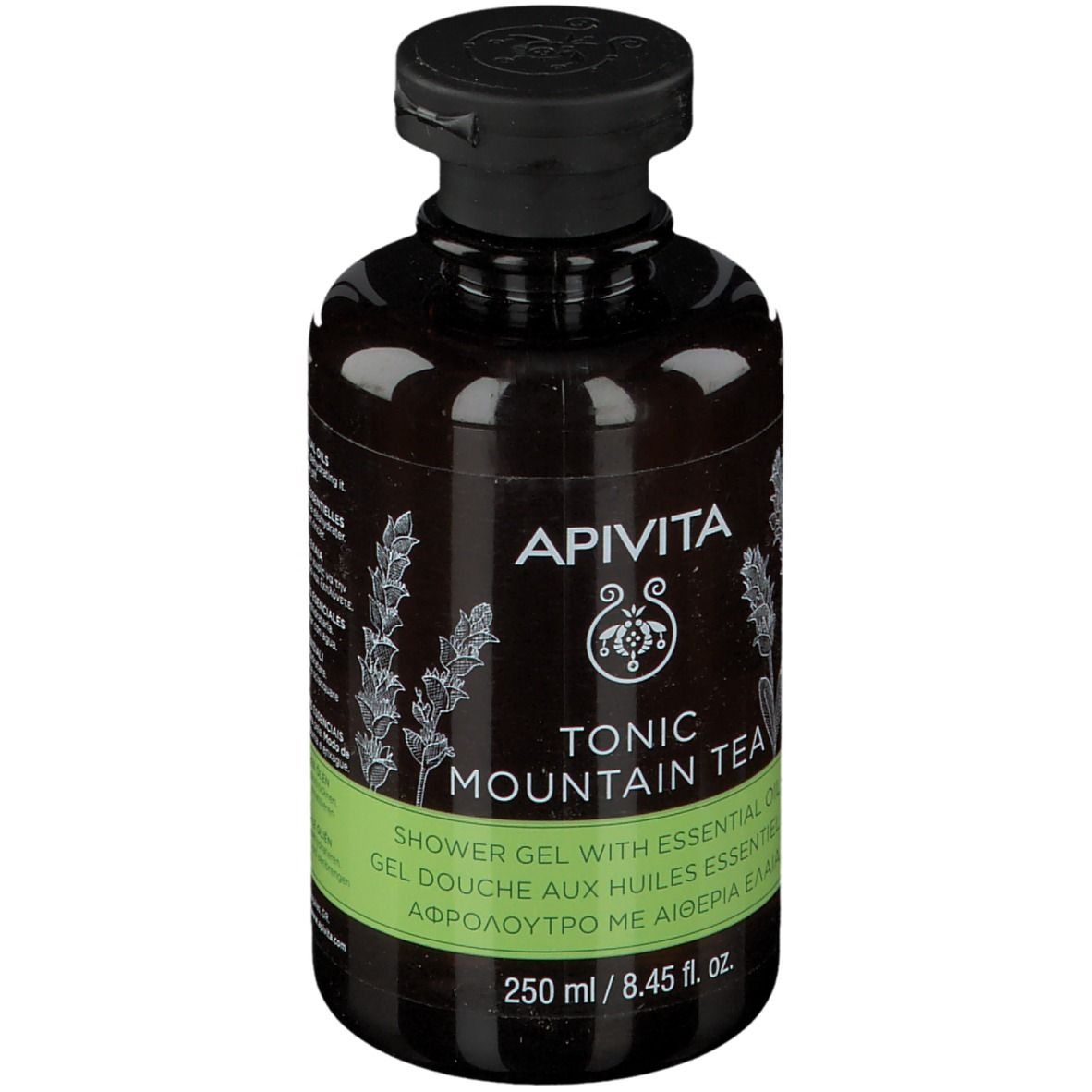 Flacone marrone con tappo nero. Scritta: APIVITA TONIC MOUNTAIN TEA Gel doccia con oli essenziali.