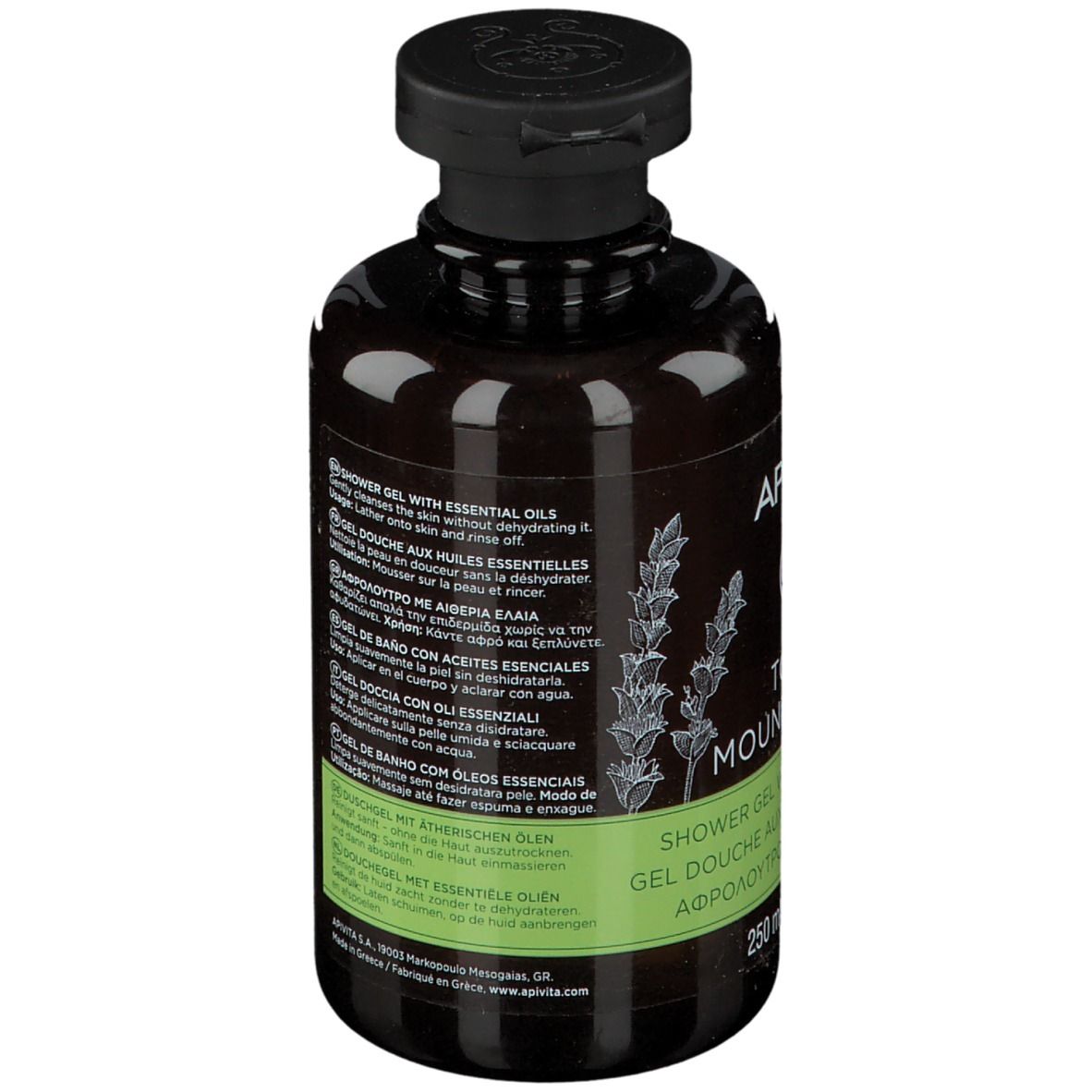 Retro del flacone di gel doccia APIVITA TONIC MOUNTAIN TEA. Testo: Utilizzo, ingredienti.