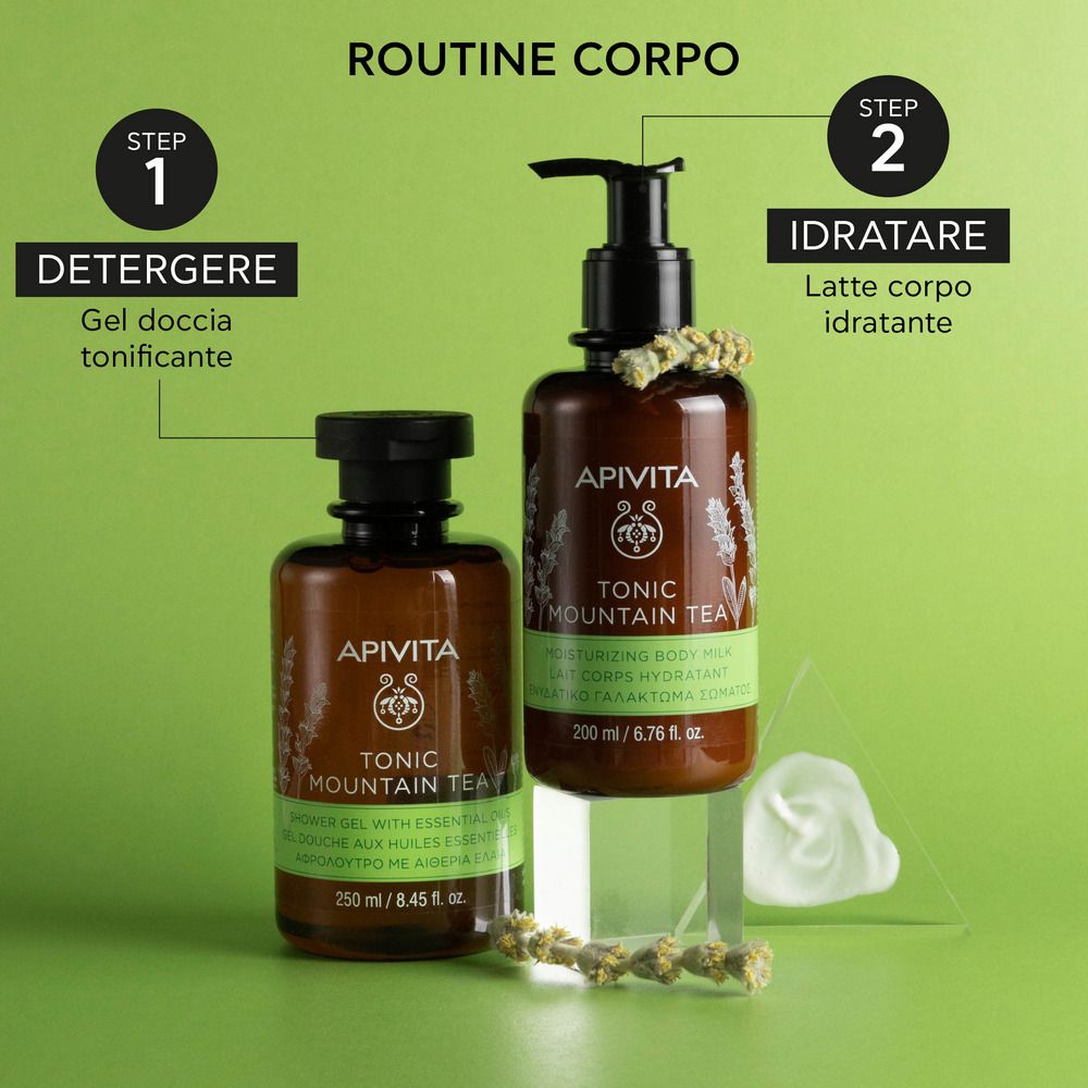 Due flaconi APIVITA TONIC MOUNTAIN TEA. Testo: Routine corpo, Detergere, Idratare.