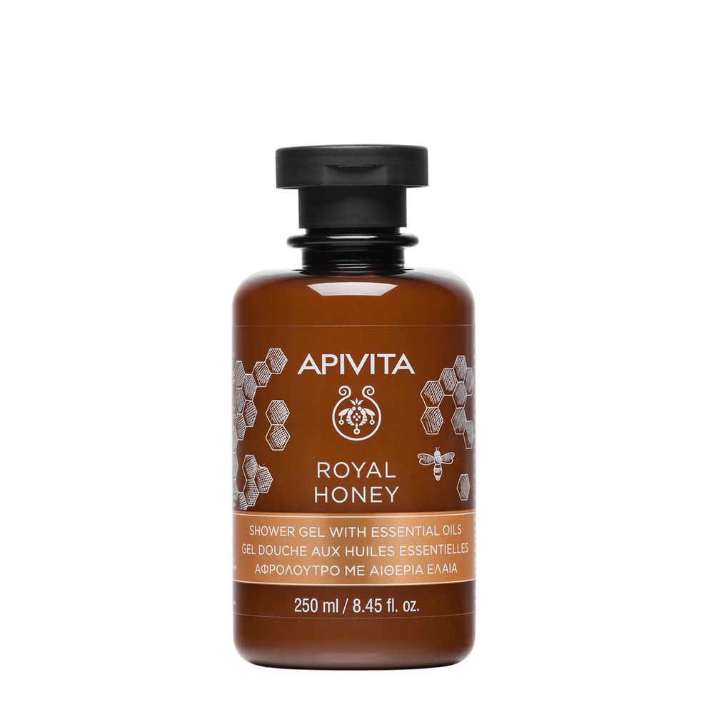 Flacone marrone con tappo nero. Scritta: APIVITA ROYAL HONEY Gel doccia. 250 ml.