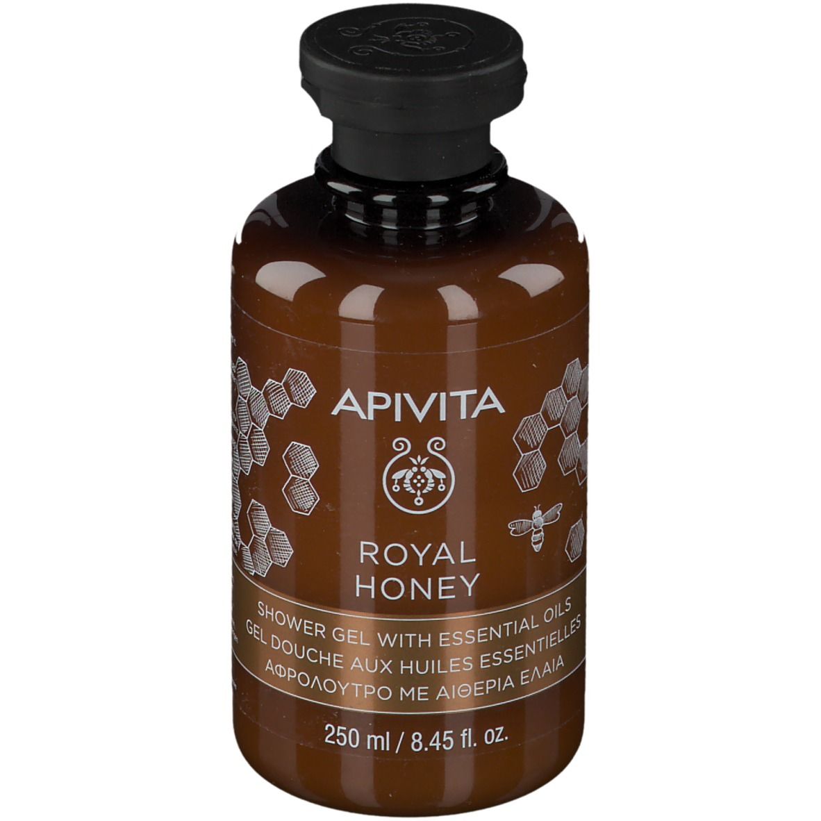 Flacone marrone con tappo nero. Scritta: APIVITA ROYAL HONEY Gel doccia. 250 ml.