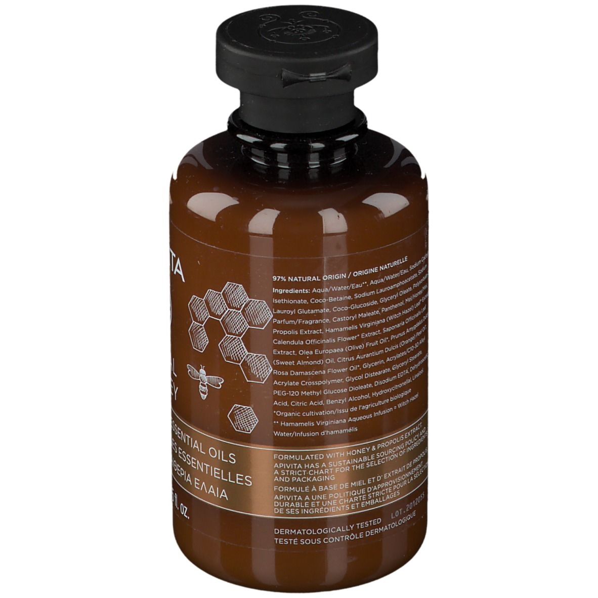 Retro del flacone marrone. Testo: APIVITA ROYAL HONEY Gel doccia. Ingredienti e informazioni.